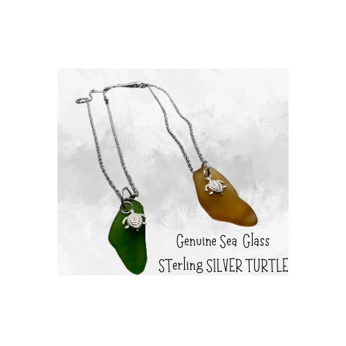 Sea glass necklace, Sterling silver turtle