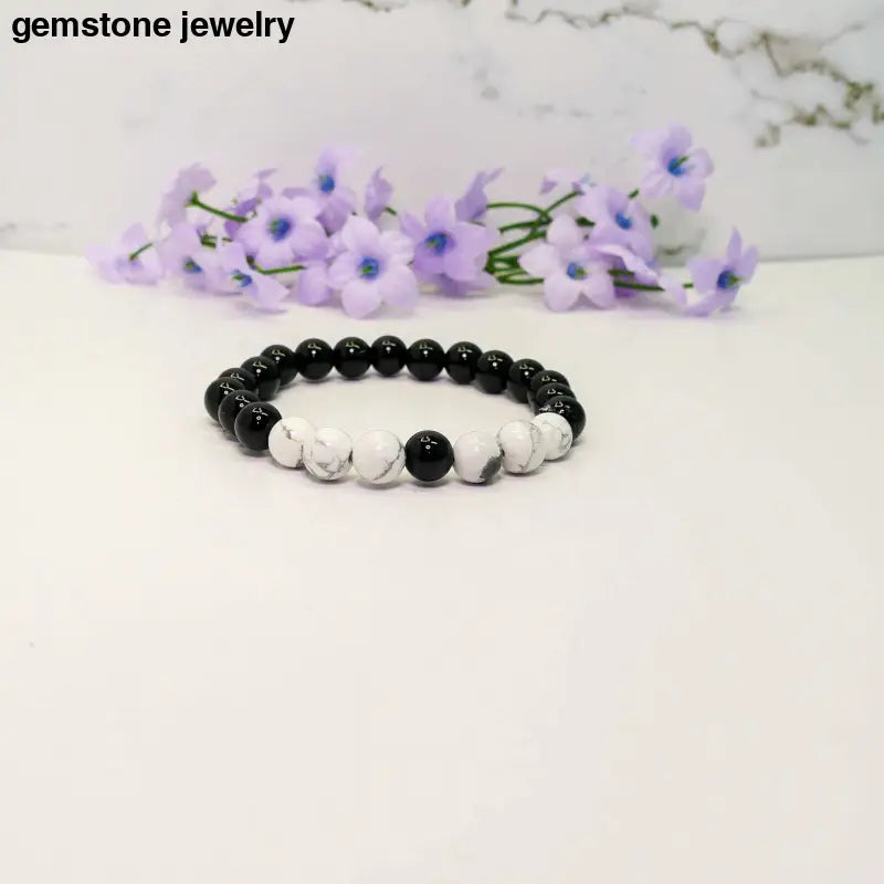 Balance & Strength - Black Onyx & Howlite Bracelet - 6.5 / black and white / black onyx and white howlite - bracelets