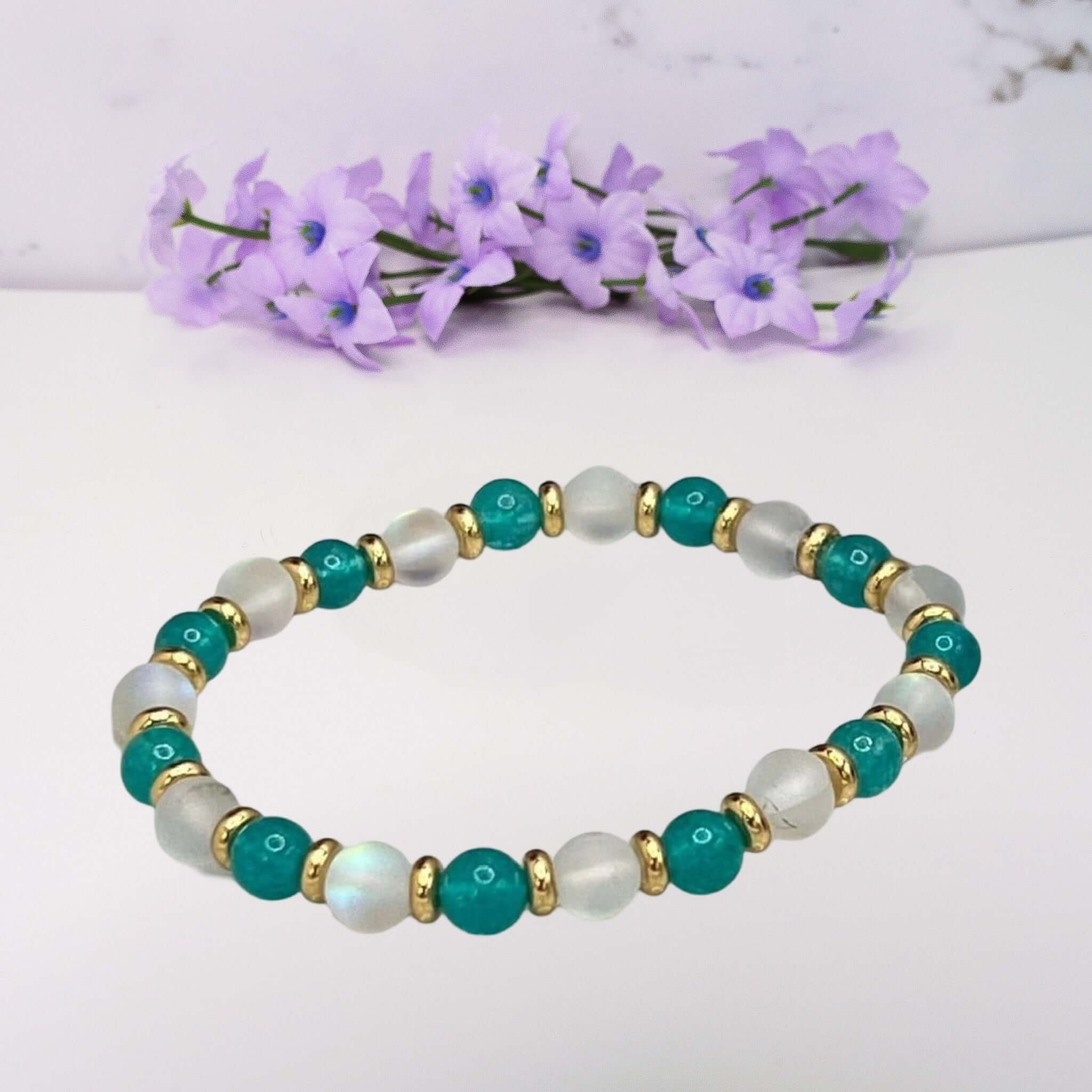 Handcrafted Blue Amazonite Jade Bracelet with Gold Spacers & Sparkling Beads | Elegant Gemstone Jewelry