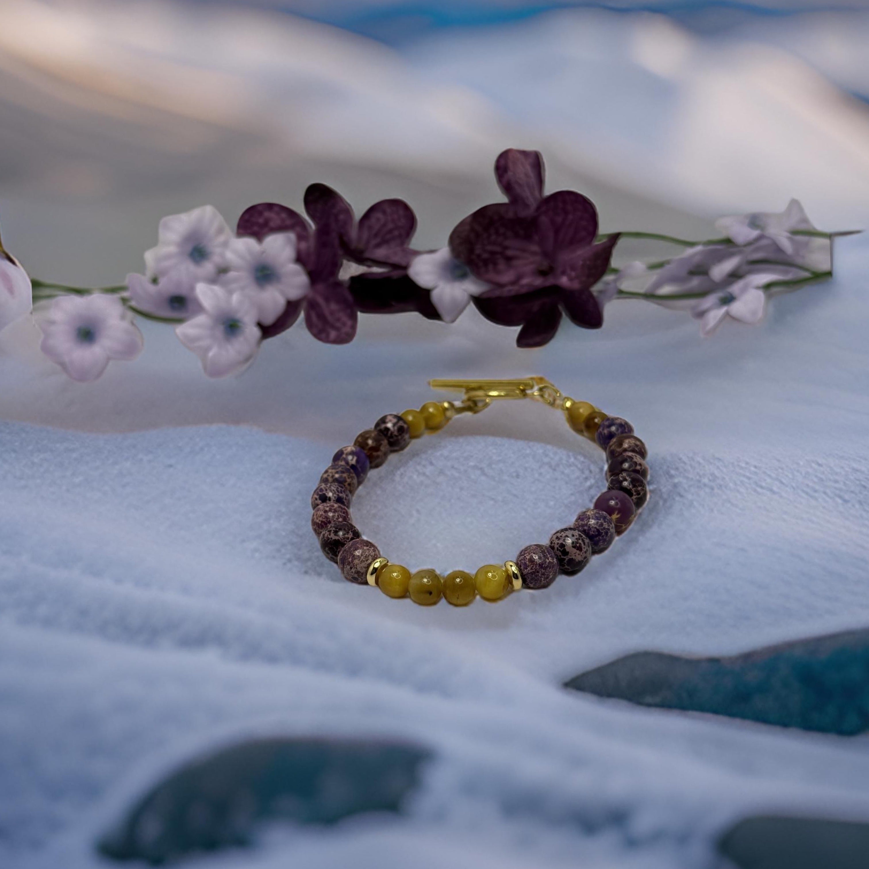 Exquisite Purple Jasper & Gold Tiger Eye Bracelet – Luxurious Gold Clasp