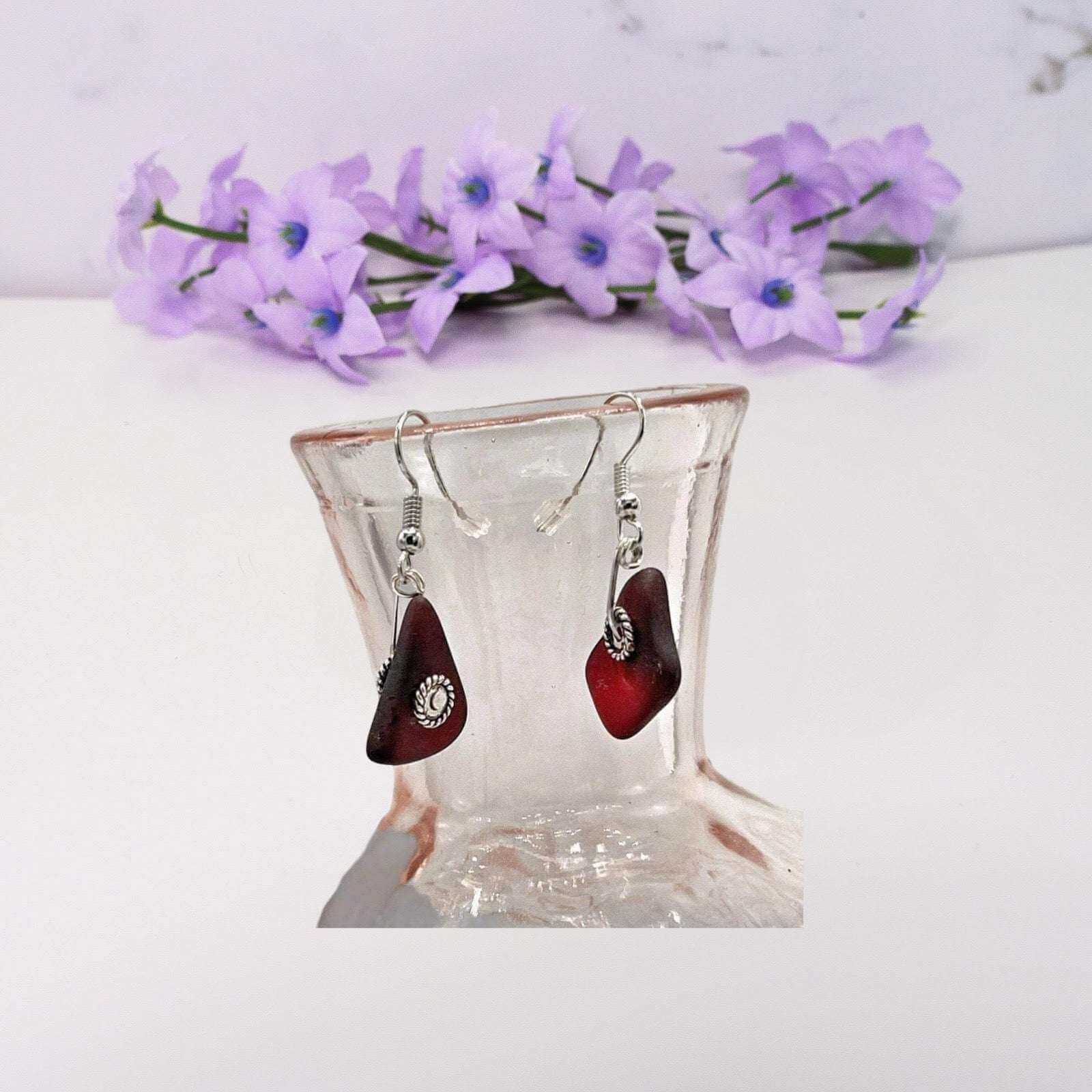 Dangling Red Sea Glass Earrings - Handcrafted Ocean-Inspired Elegance