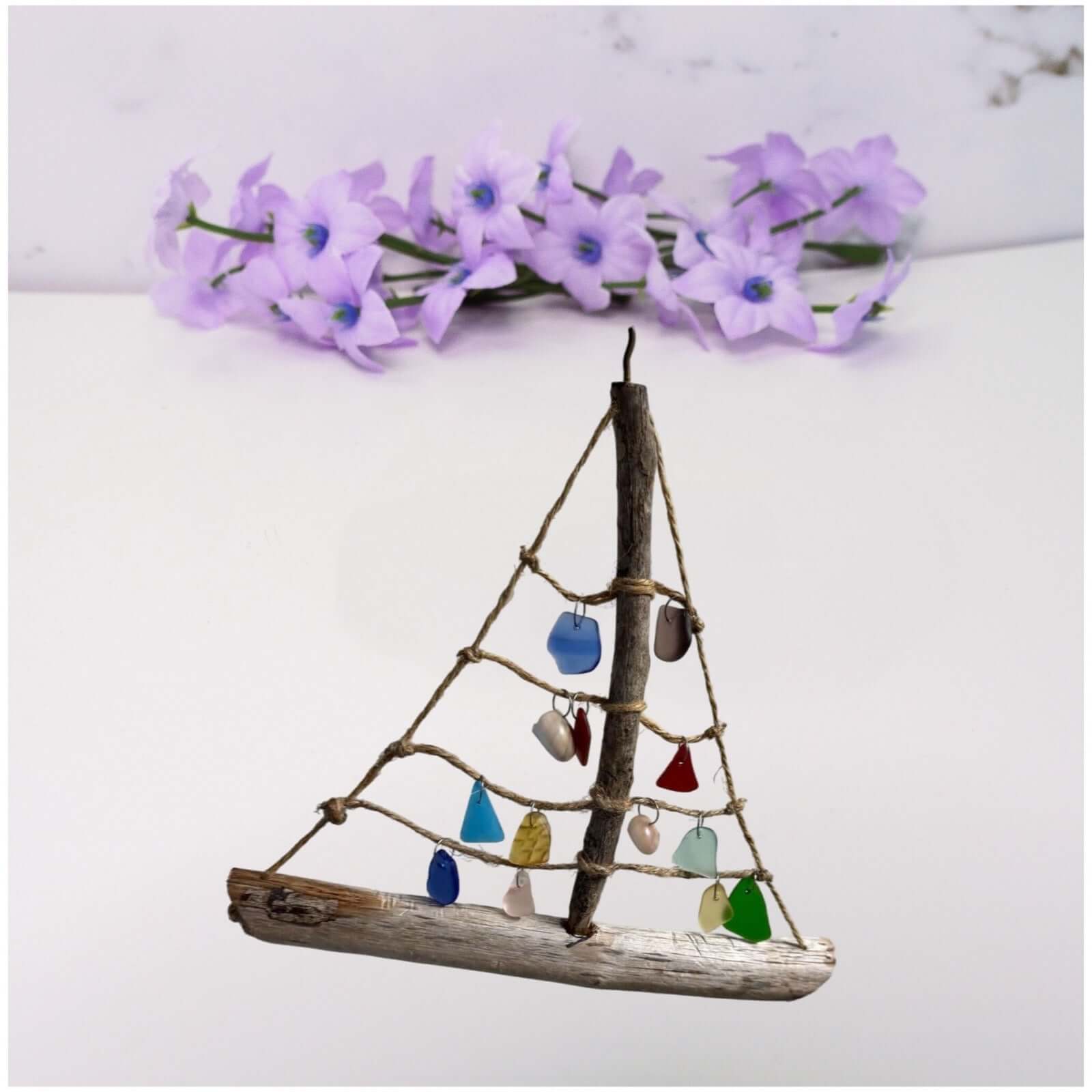 Driftwood Sea Boat – Handcrafted with Genuine Sea Glass & Beach Shells