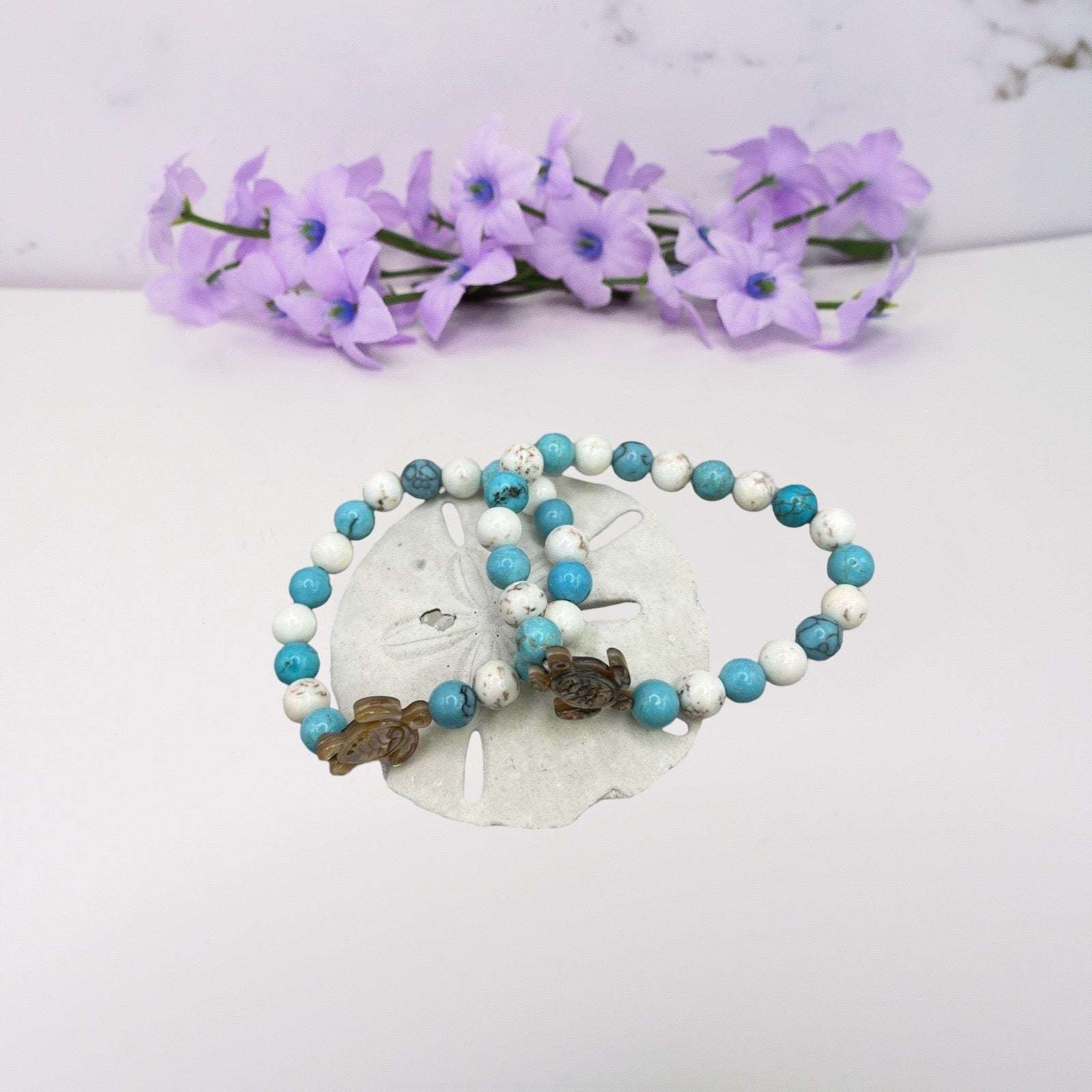 One-of-a-kind Turquoise Blue Turtle Bracelet with 8mm Beads and Pearl Turtle Charm