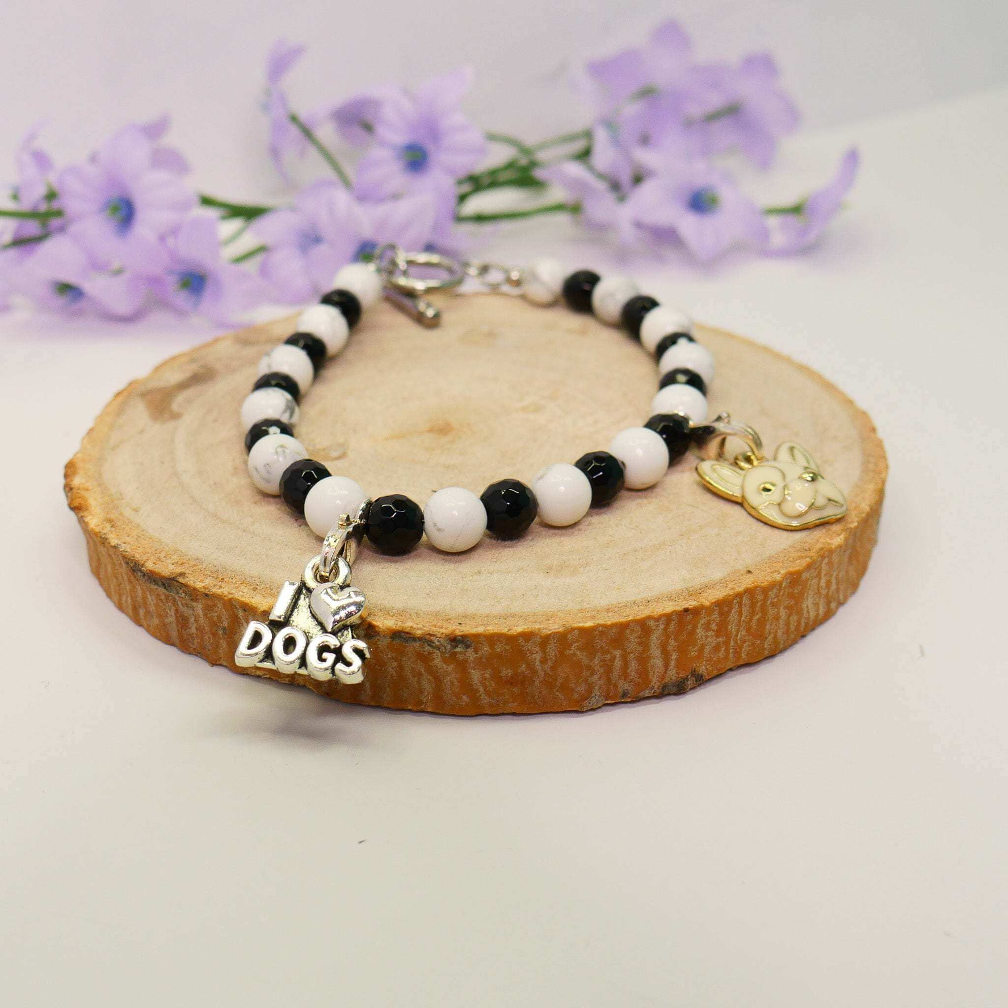 Dog Charm Bracelet – Howlite & Onyx French Bulldog Jewelry