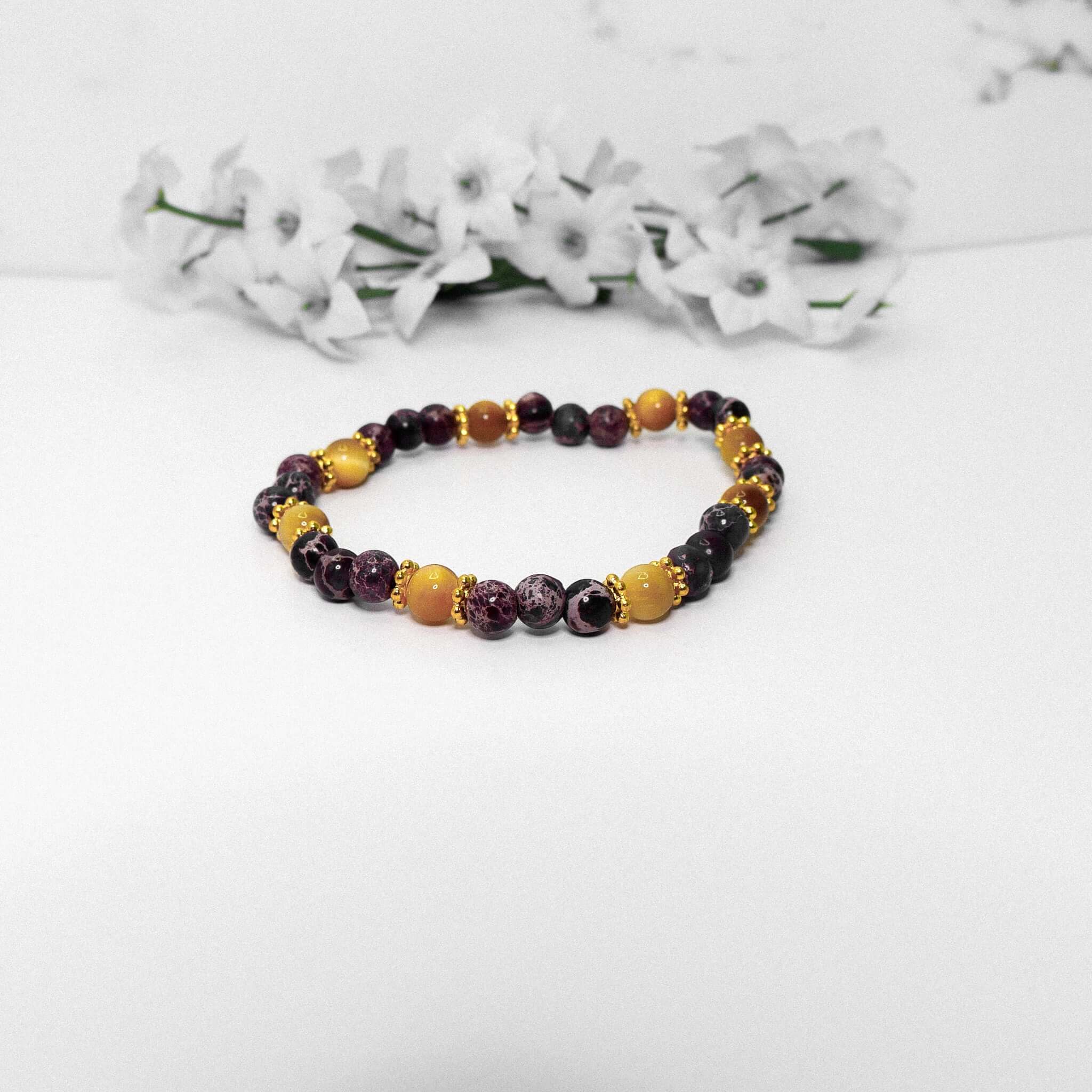 Handmade Purple Jasper & Gold Tiger Eye Bracelet - 6mm Beaded Gemstone Jewelry