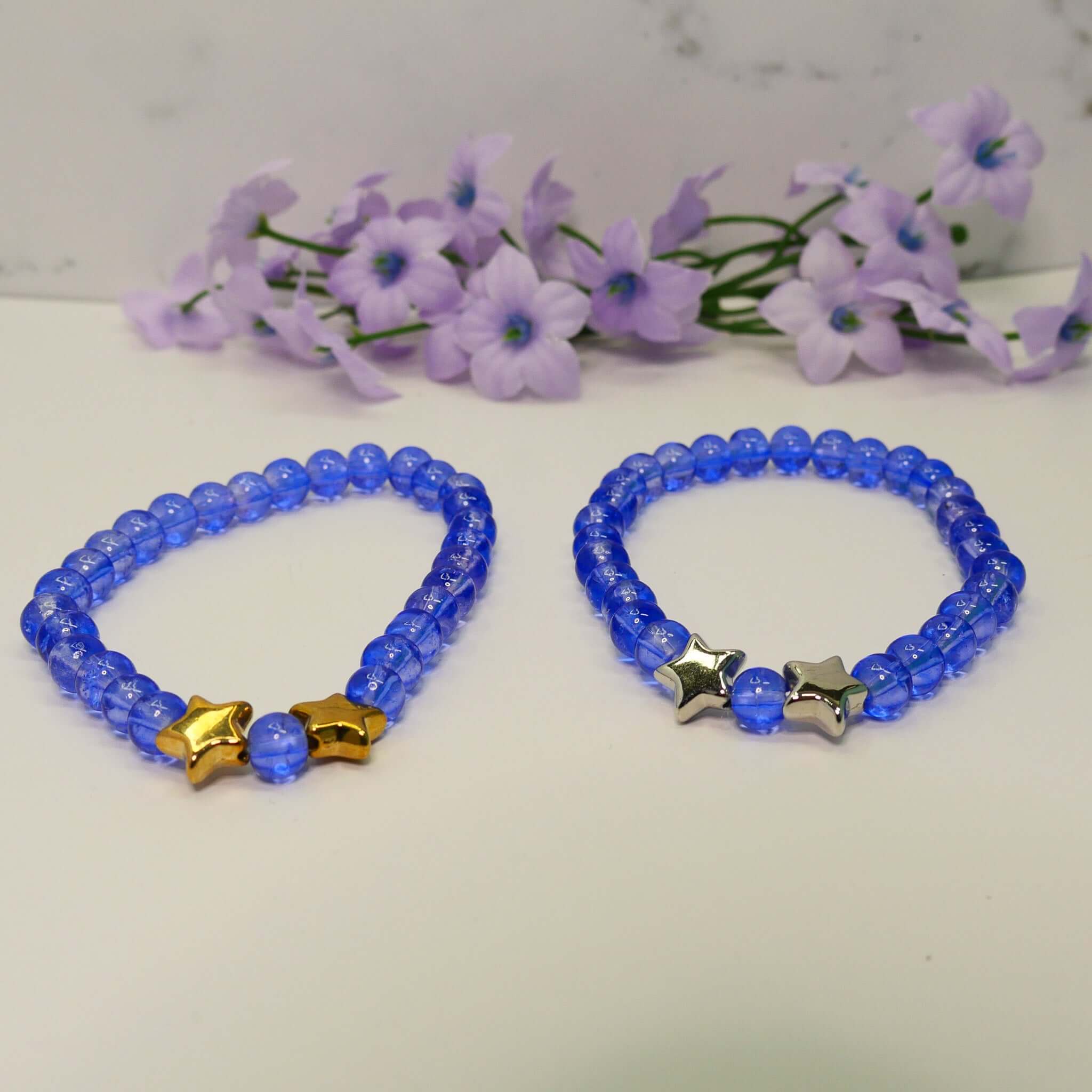 Blue Crackle Glass & Purple Bead Star Bracelet - Customize with Silver or Gold Stars