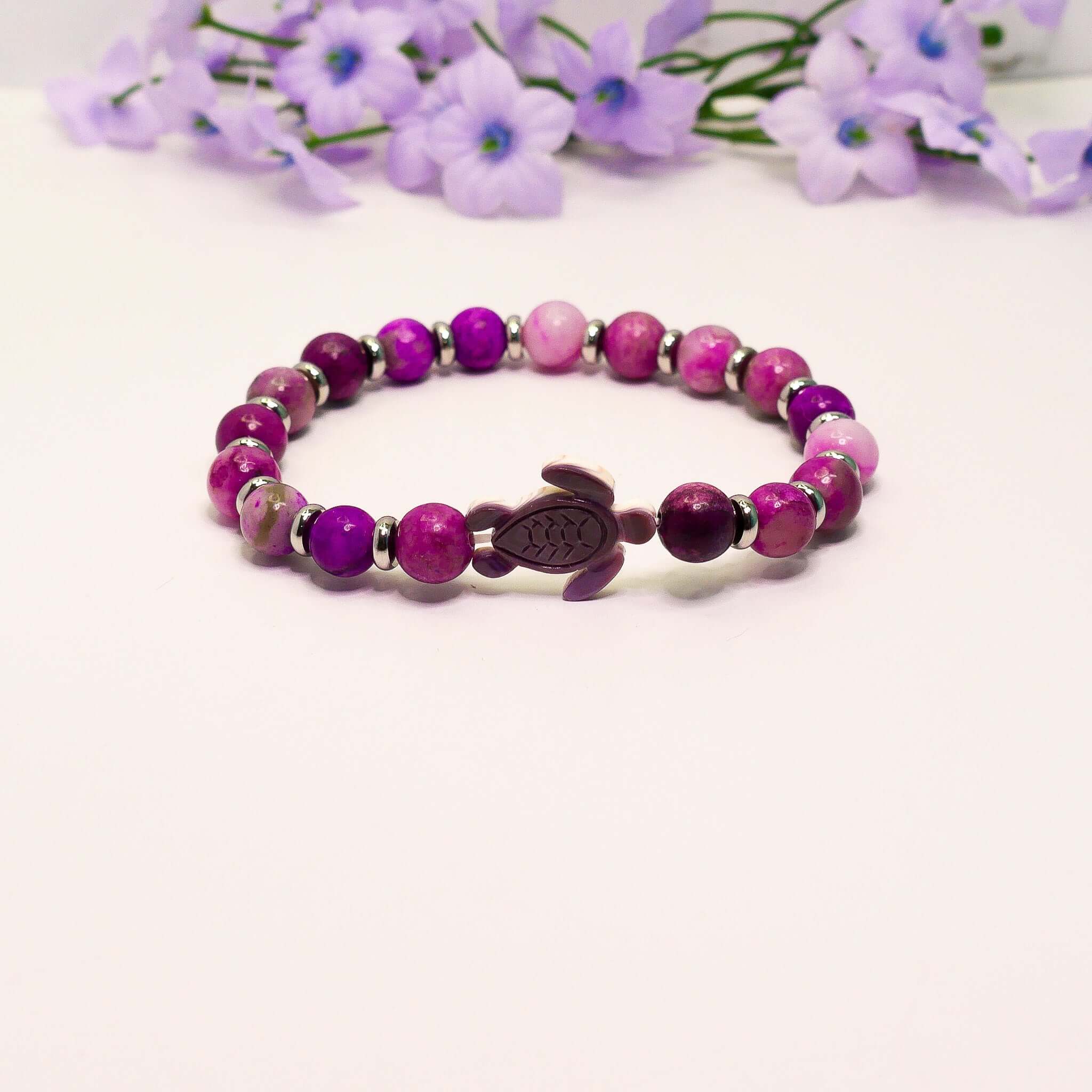 Turtle Bracelet, Sugilite Bracelet with 8mm Healing Beads & Stainless Steel Spacers