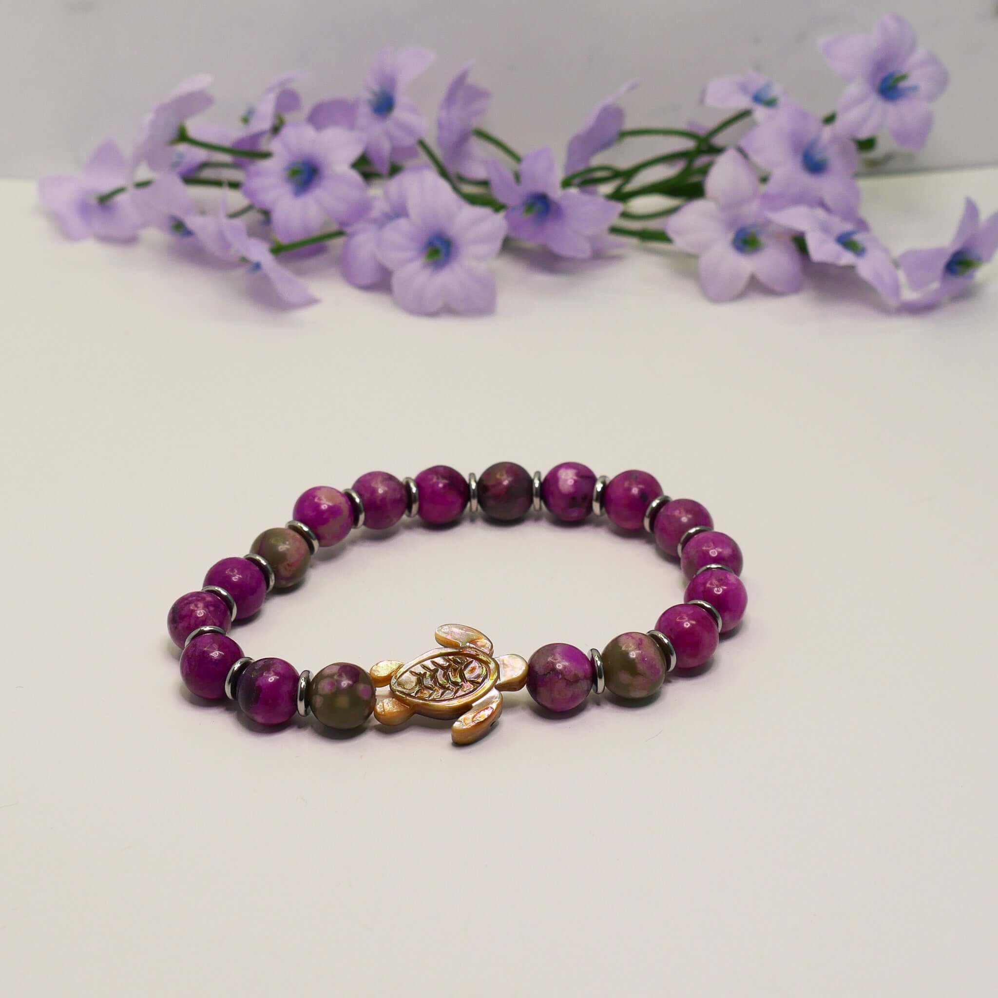 Turtle Bracelet, Sugilite Bracelet with 8mm Healing Beads & Stainless Steel Spacers