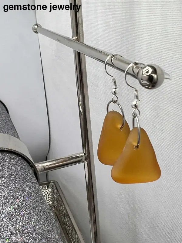 Sea Glass Art Amber Earrings, Amber Glass Earrings, Dangling glass earrings - Bec Sue Jewelry Shop