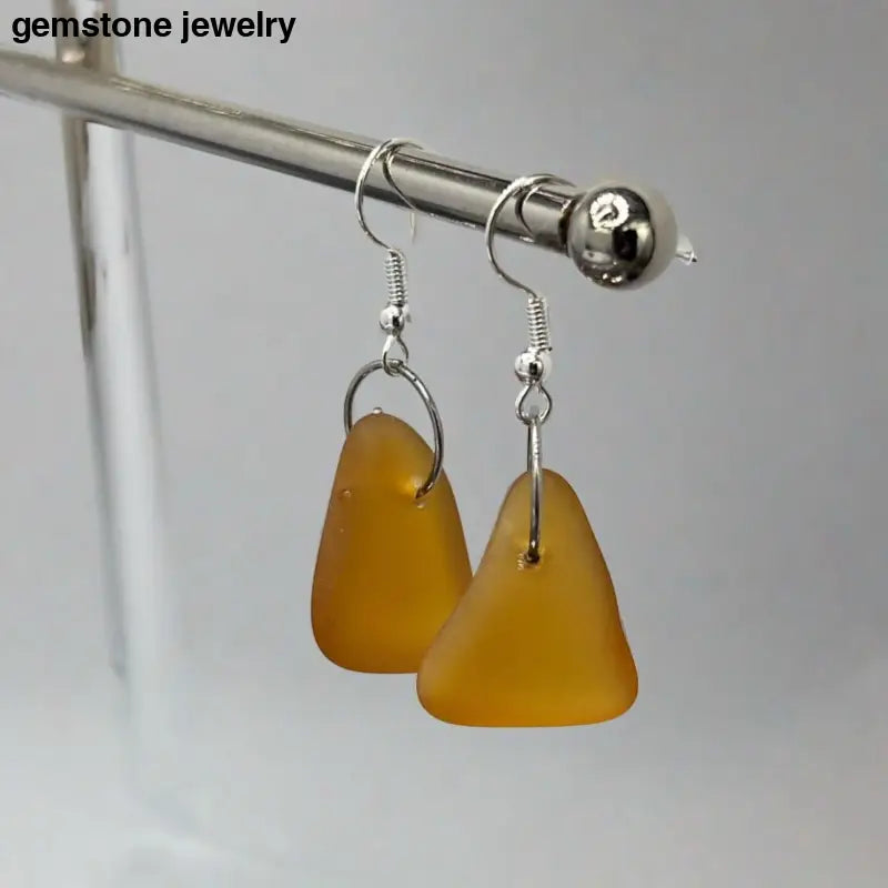 Sea Glass Art Amber Earrings, Amber Glass Earrings, Dangling glass earrings - Bec Sue Jewelry Shop