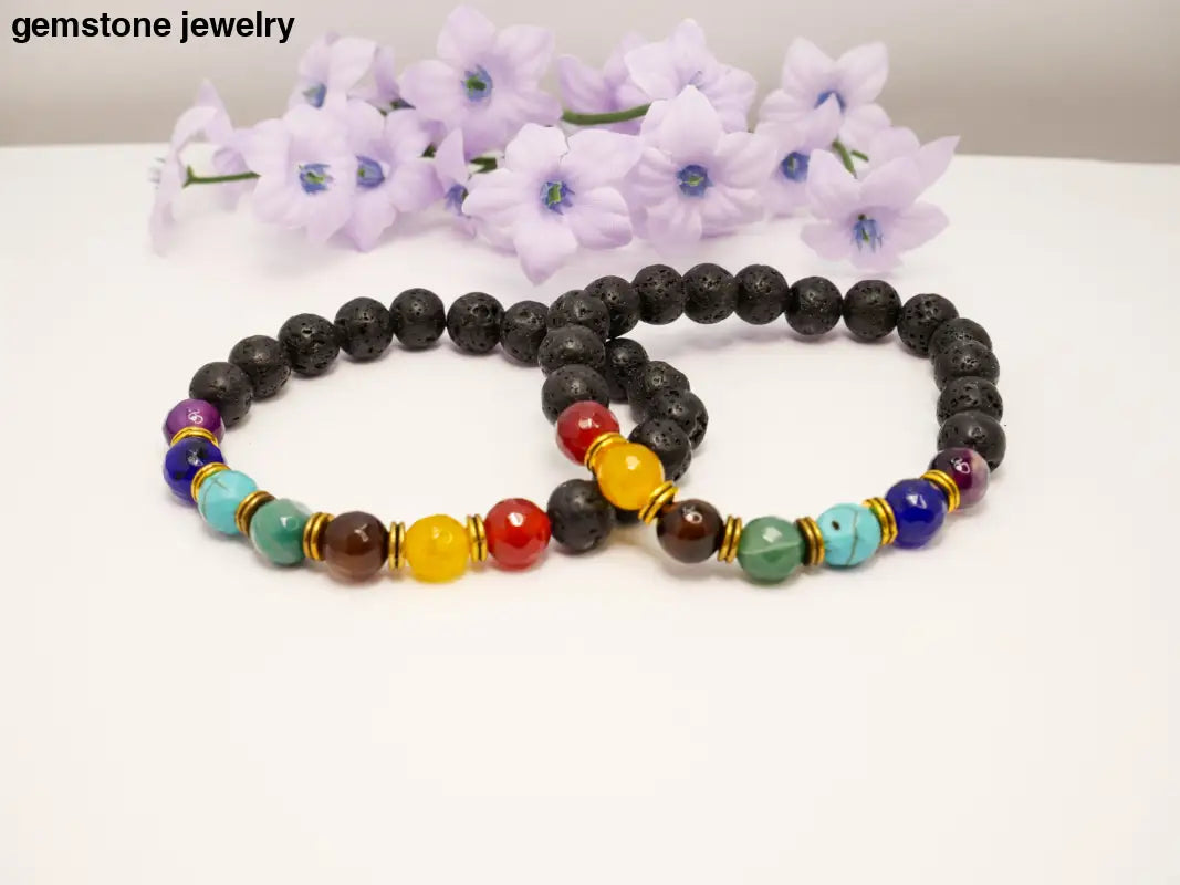 Black Lava Stone Diffuser Bracelet - 8mm Beads for Essential Oils - 6.5 / black / Lava stone and chakra beads