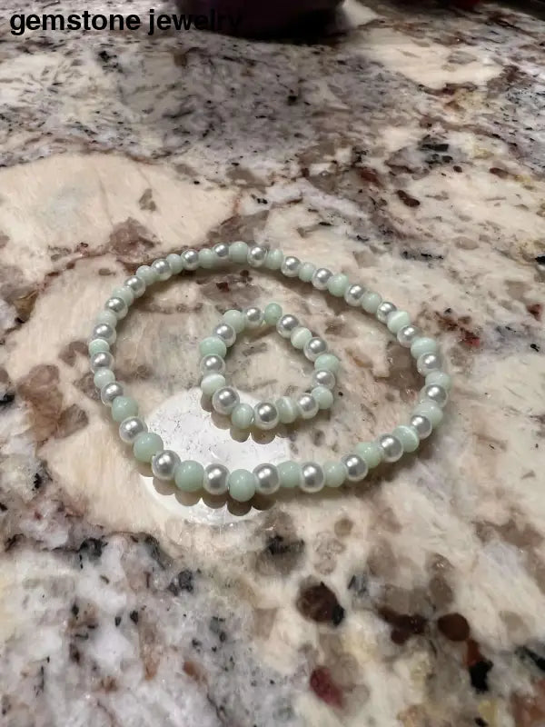 Pearl Bead Ring and Matching Bracelet, Green Cats Eye Bracelet - Bec Sue Jewelry Shop