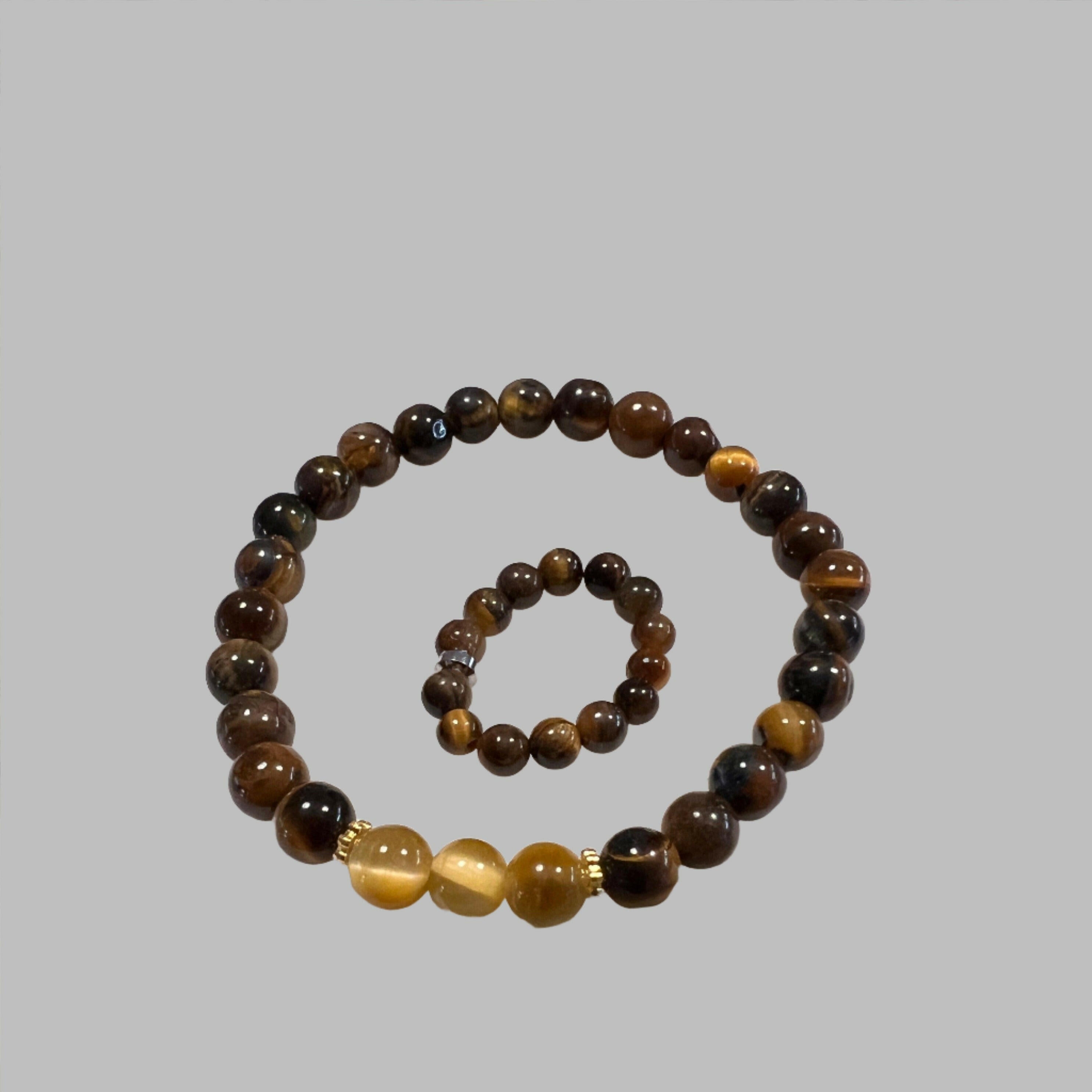 Bec Sue Jewelry Shop 6.5 / yellow / tiger eye 6mm and 4mm Tiger Eye Bracelet and Ring Set, 6mm beaded Gemstone Ensemble Tags 721