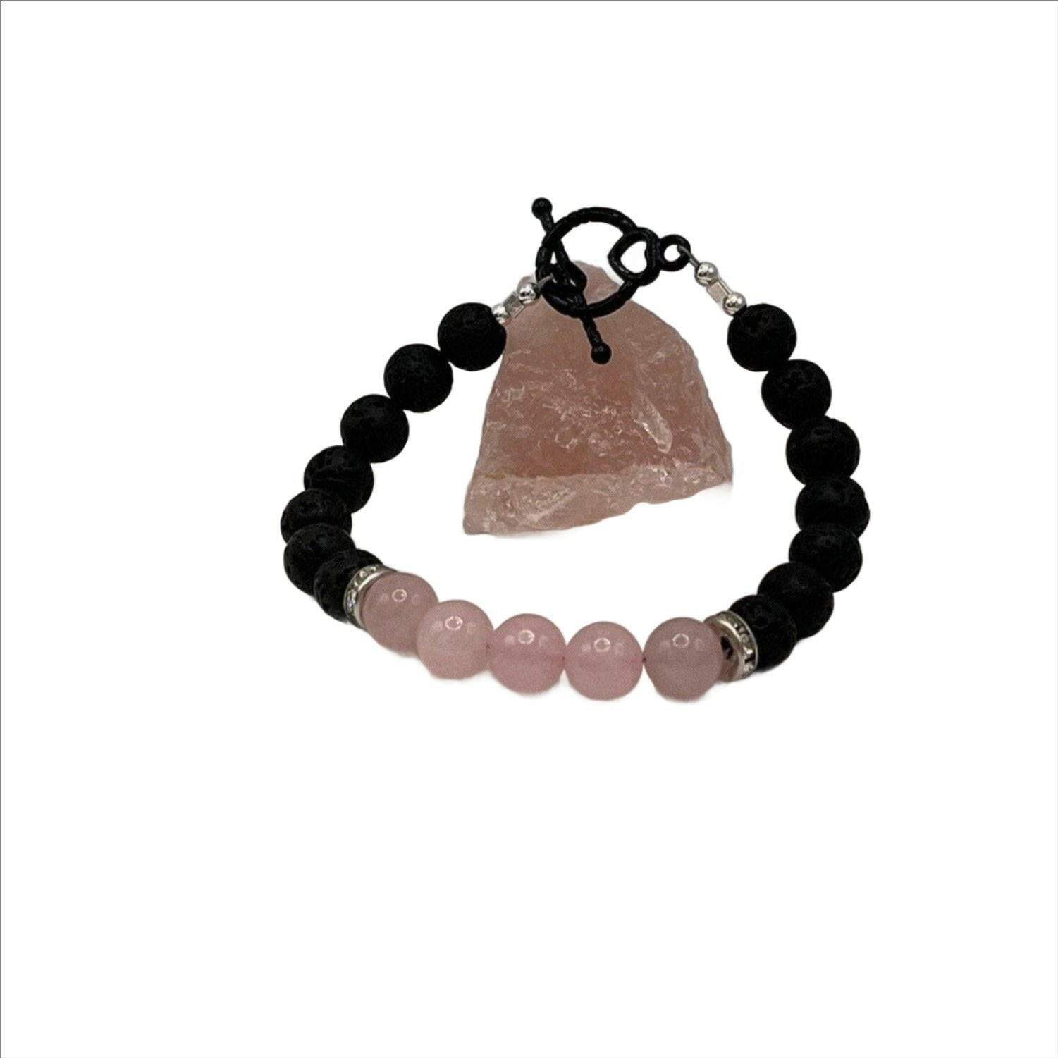 Bec Sue Jewelry Shop bracelet 6.5 / pink/black / lava/rose quartz Rose Quartz &Lava Crystal Bracelet, Diffuser Bracelet Tags 1035