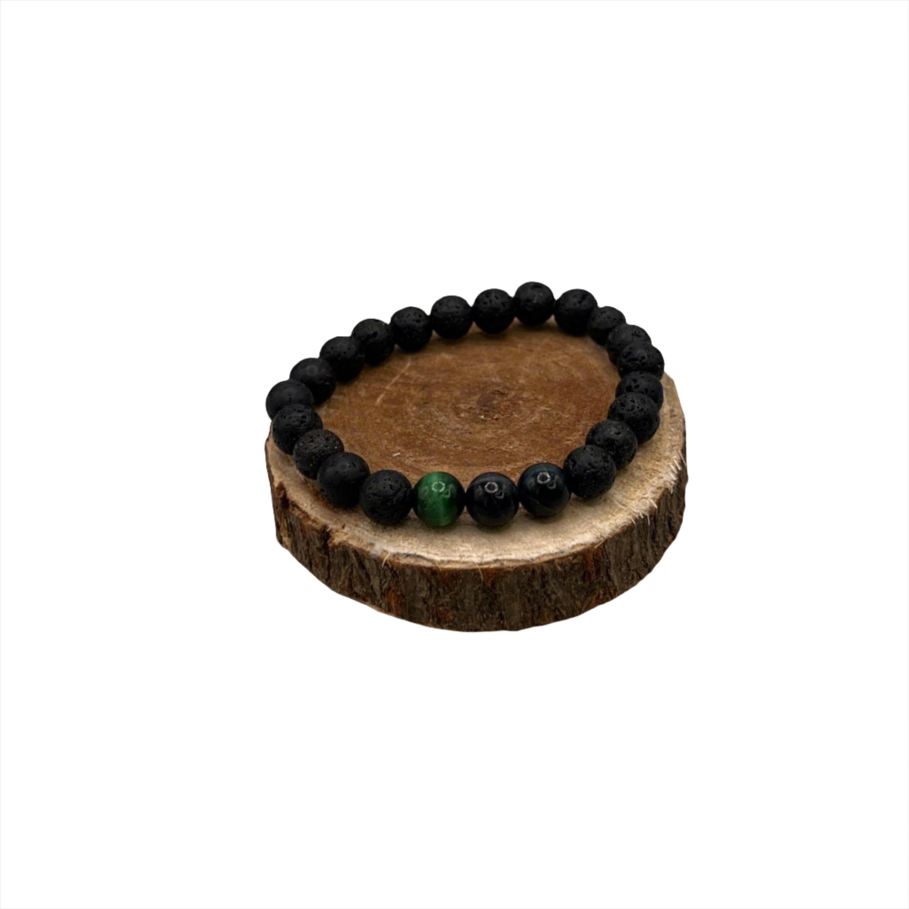 Bec Sue Jewelry Shop bracelet and ring 6.5 / black / Lava stone and green tiger eye Lava Stone Bracelet, Calming Stone Bracelet, Tiger Eye Bracelet Tags 695