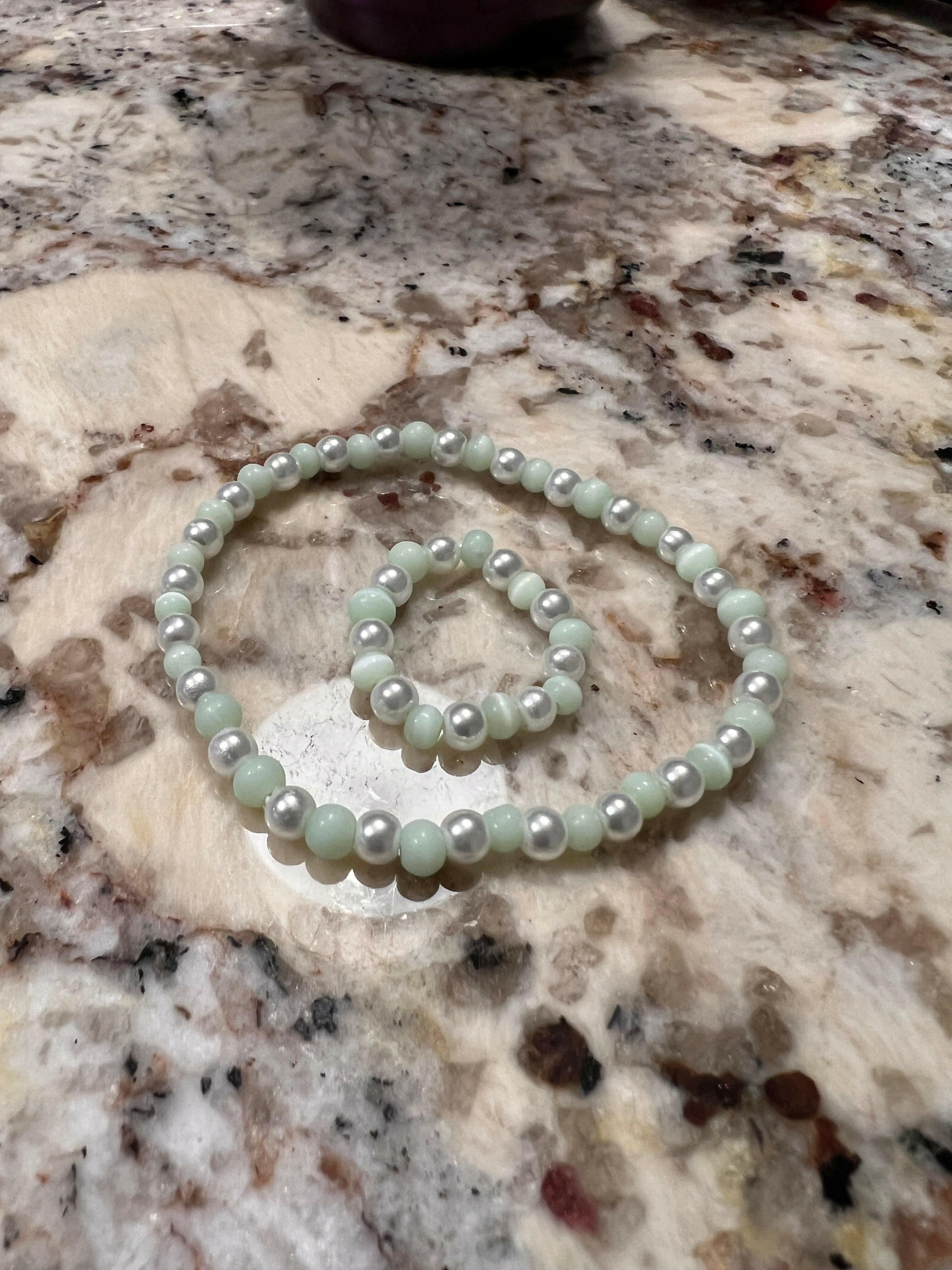 Bec Sue Jewelry Shop bracelet and ring 6.5 / white/green / pearl/green cats eye Pearl Bead Ring and Matching Bracelet, Green Cats Eye Bracelet Tags 689
