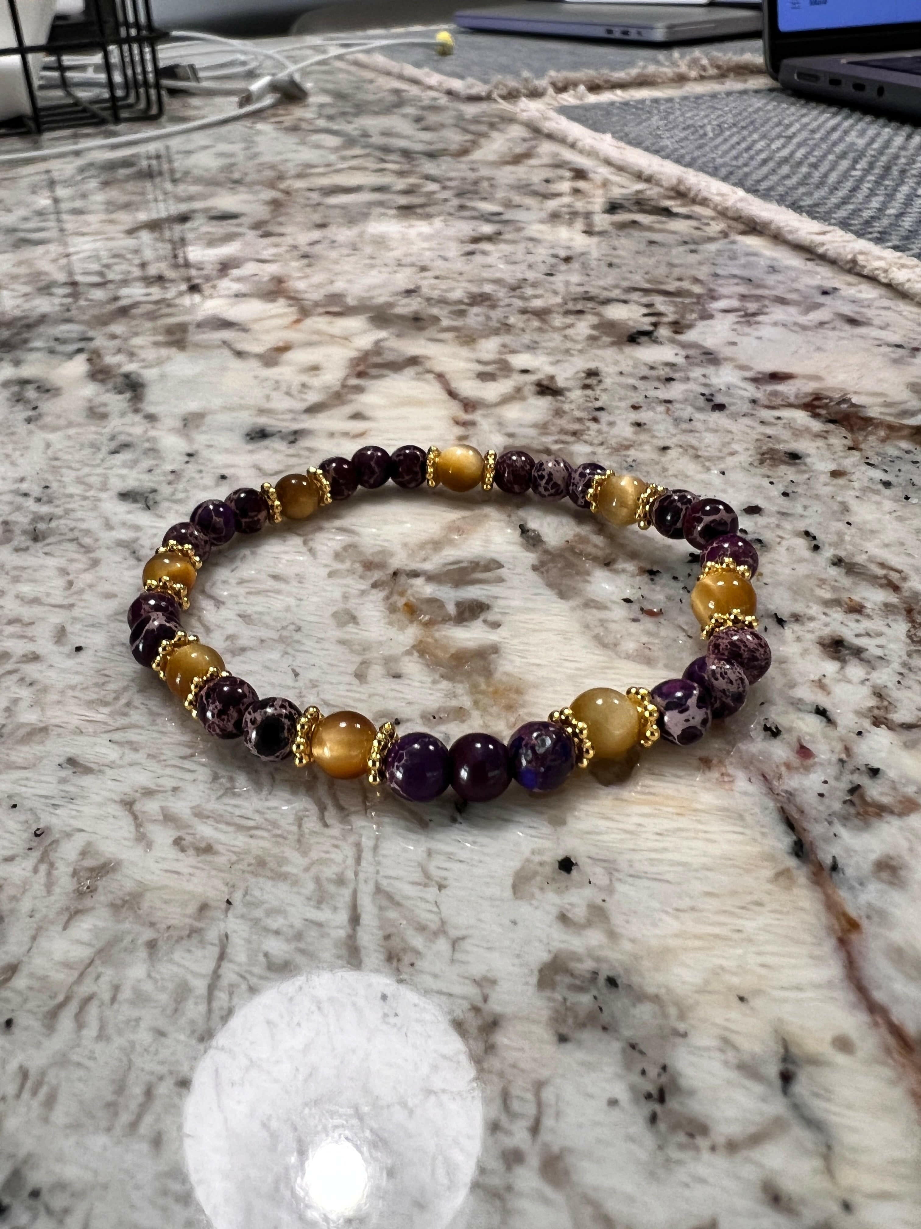 Bec Sue Jewelry Shop bracelets 6.5 / Purple / Purple jasper and gold tiger eye Handmade Purple Jasper & Gold Tiger Eye Bracelet - 6mm Beaded Gemstone Jewelry Tags 720