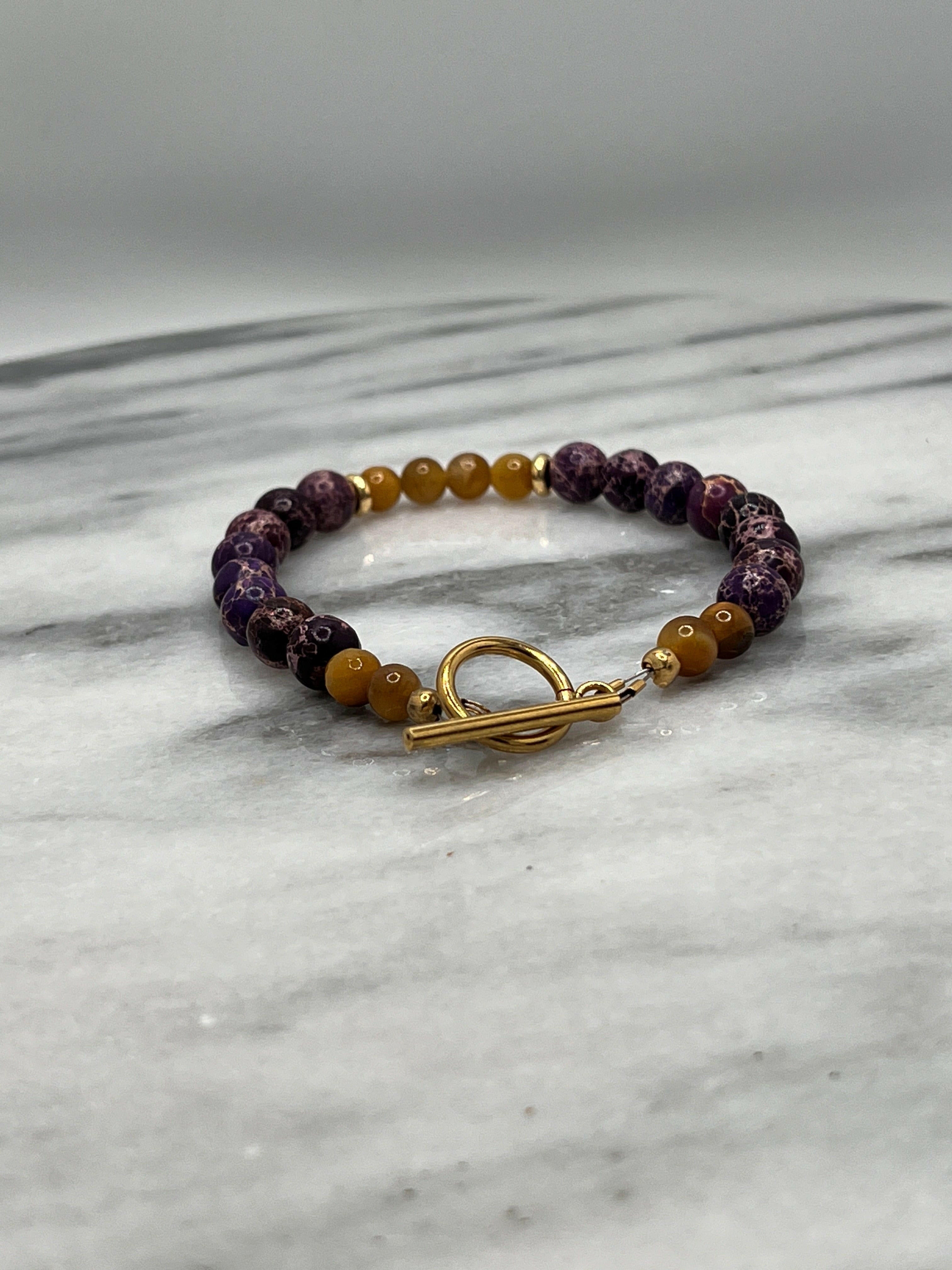 Purple Jasper and Gold Tiger Eye gemstone bracelet for balancing energy