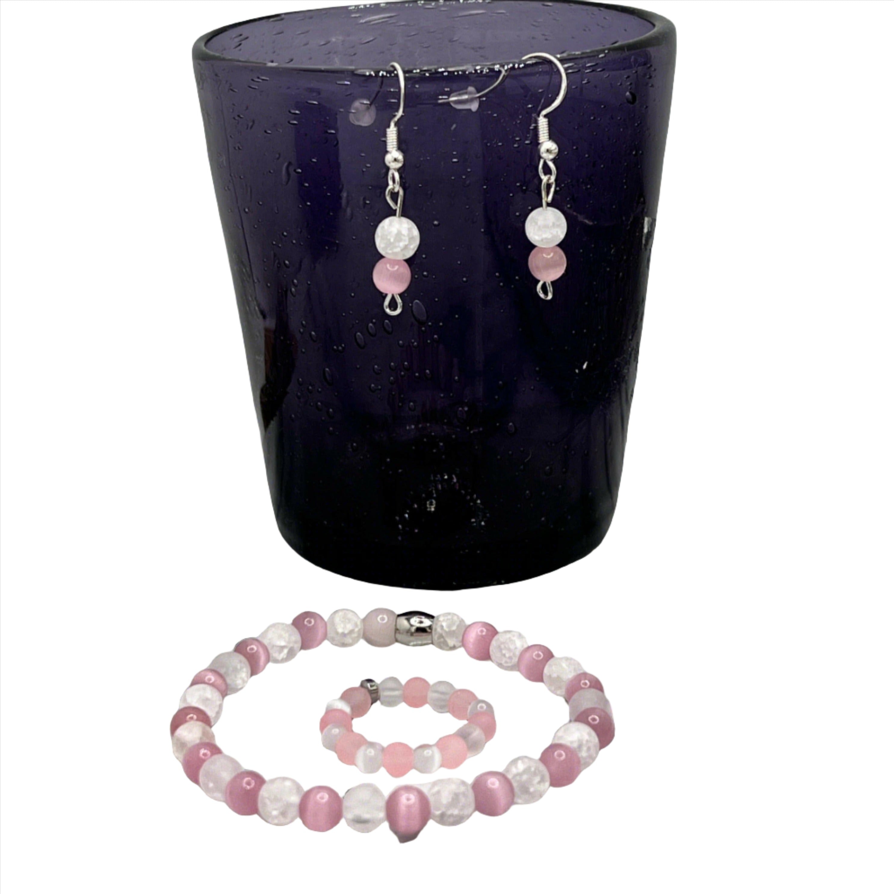 Bec Sue Jewelry Shop Jewelry Set 6.5 / pink and clear / pink cats eye and crackle rock Handcrafted Pink Cat's Eye & Crackle Rock Crystal Jewelry Set - Bracelet, Ring, and Earrings for Elegant Fashion Tags 684