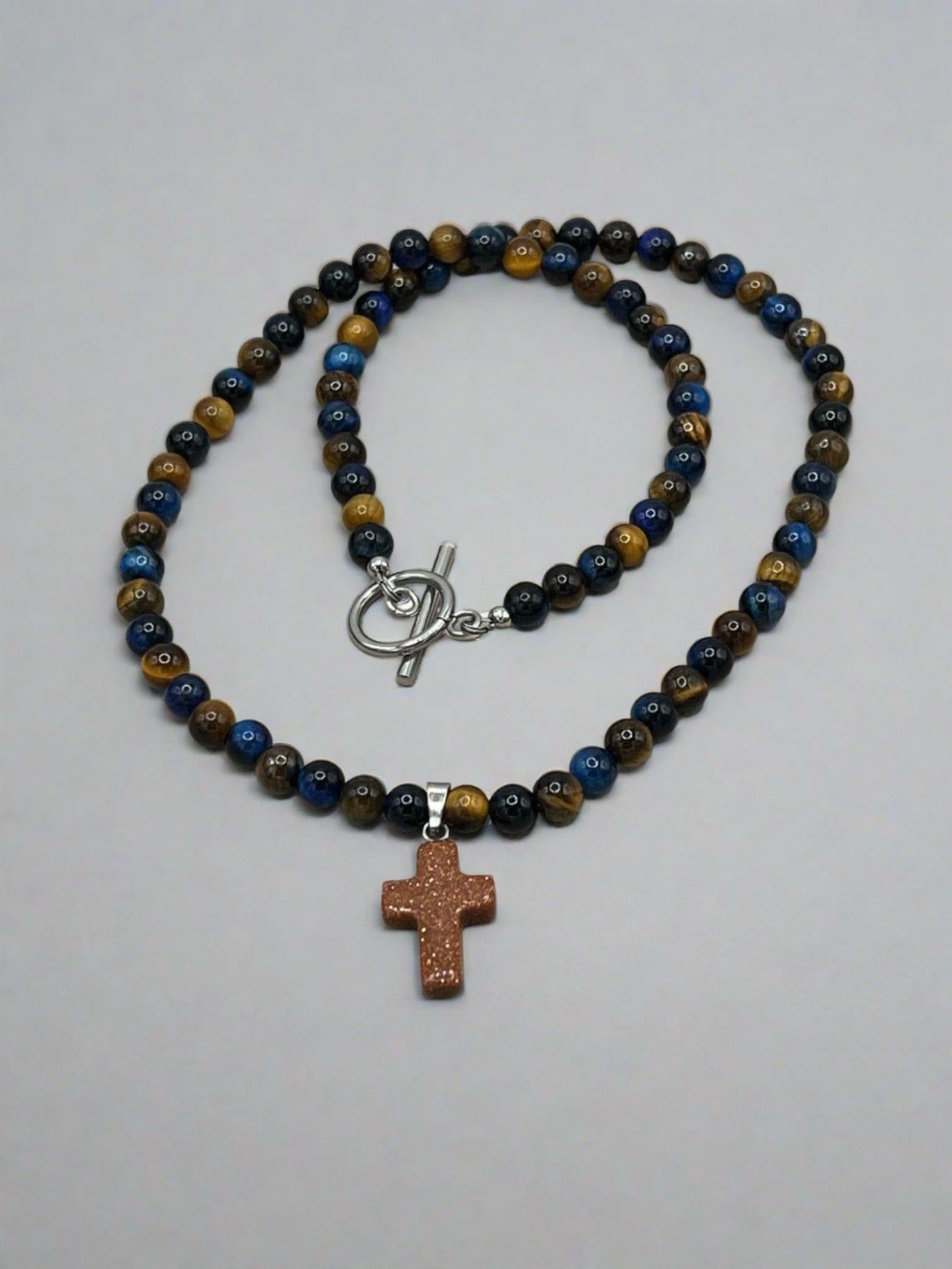 Bec Sue Jewelry Shop Necklaces Tiger's eye / 19 / yellow/blue Handmade Unique Tiger Eye Cross Necklace Tags 506-2