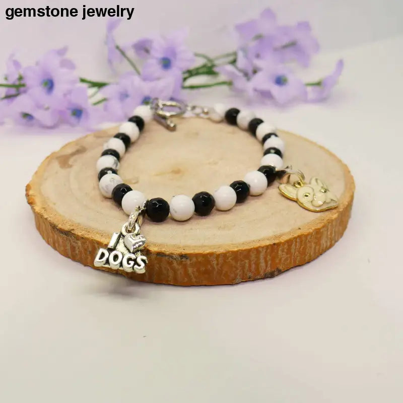 Dog Charm Bracelet – Howlite & Onyx French Bulldog Jewelry - charm bracelet