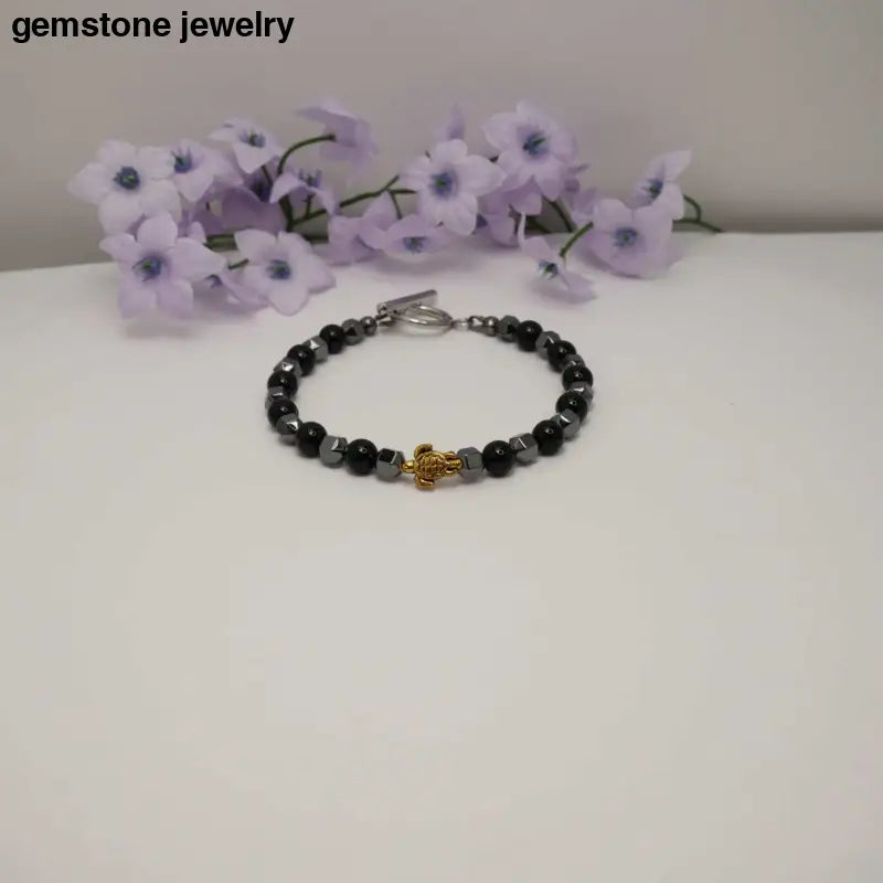 Black Onyx & Gold Turtle Bracelet – Grade AAA Onyx & Hematite Beads - 6.5 / black / Black onyx/hematite - bracelets