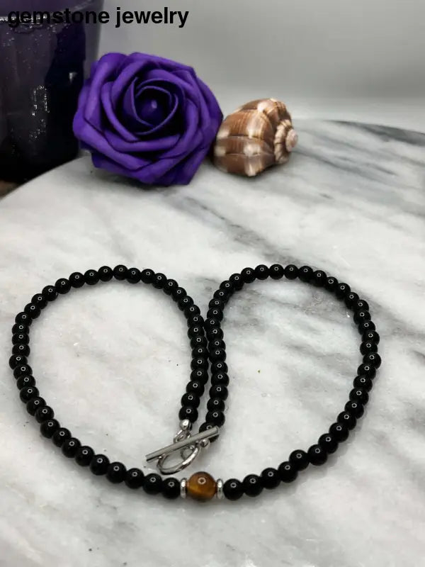 Black Onyx Necklace for men, Onyx and Tiger Eye Necklace 6mm beads - Bec Sue Jewelry Shop