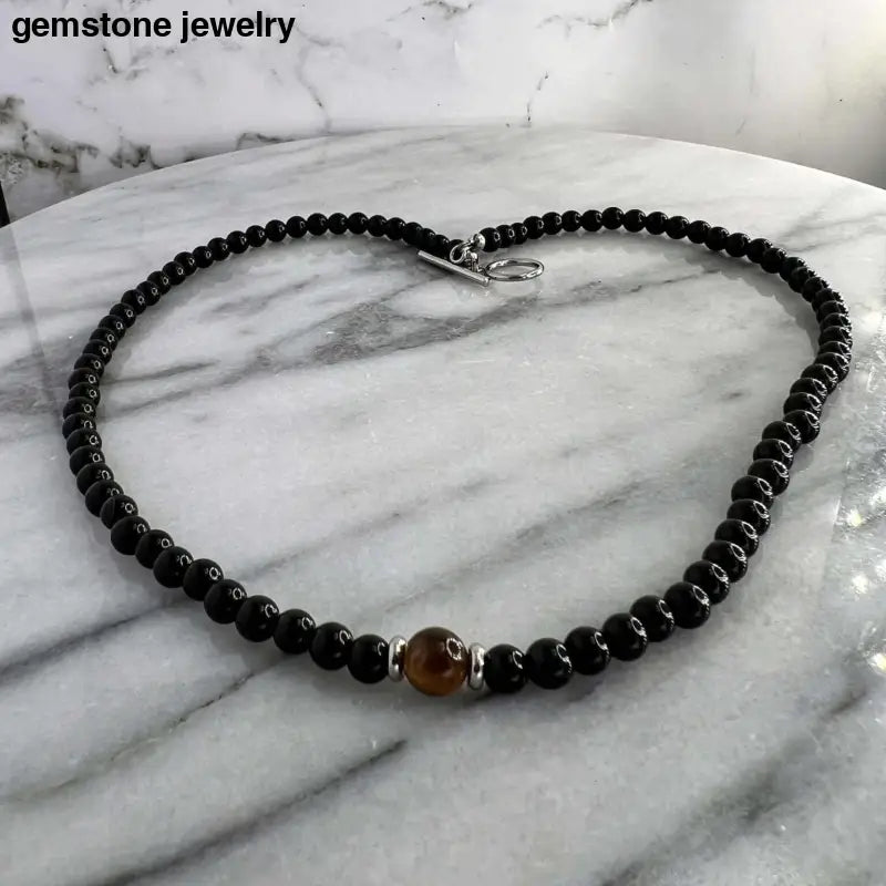 Black Onyx Necklace for men, Onyx and Tiger Eye Necklace 6mm beads - Bec Sue Jewelry Shop