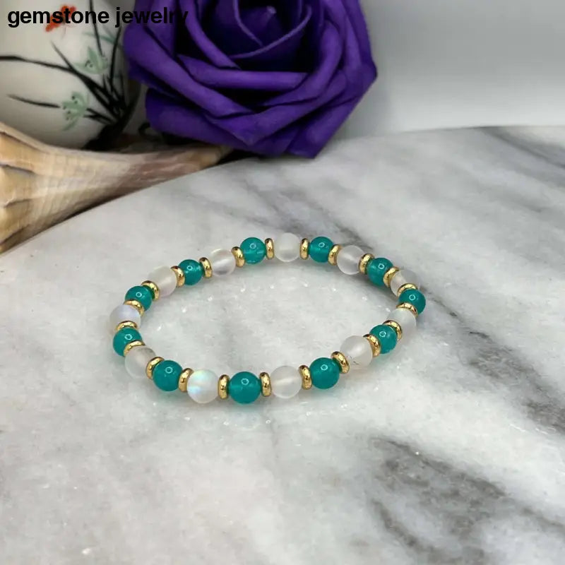 Handcrafted Blue Amazonite Jade Bracelet with Gold spacers & sparkling Beads - 6mm - Bec Sue Jewelry Shop