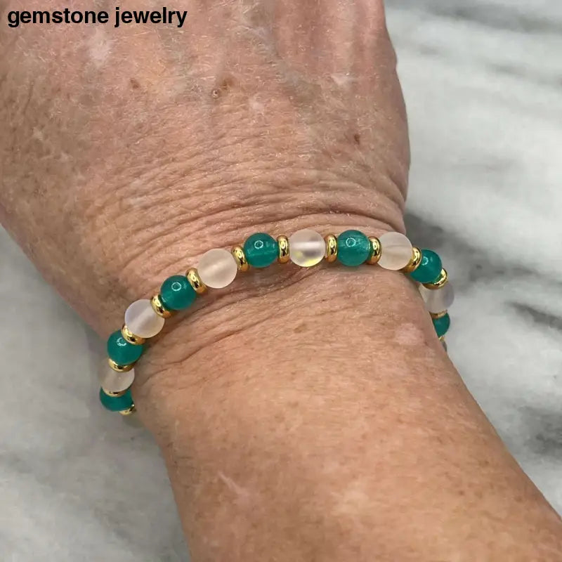 Handcrafted Blue Amazonite Jade Bracelet with Gold spacers & sparkling Beads - 6mm - Bec Sue Jewelry Shop