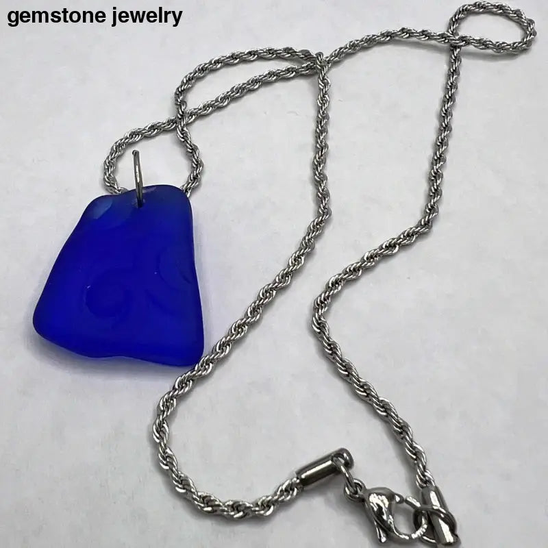 Sea Glass Art, Blue Glass Pendant, Twisted Stainless Steel chain, glass necklace - Bec Sue Jewelry Shop