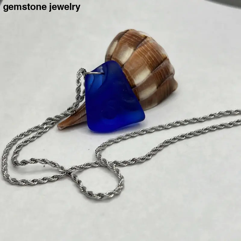 Sea Glass Art, Blue Glass Pendant, Twisted Stainless Steel chain, glass necklace - Bec Sue Jewelry Shop