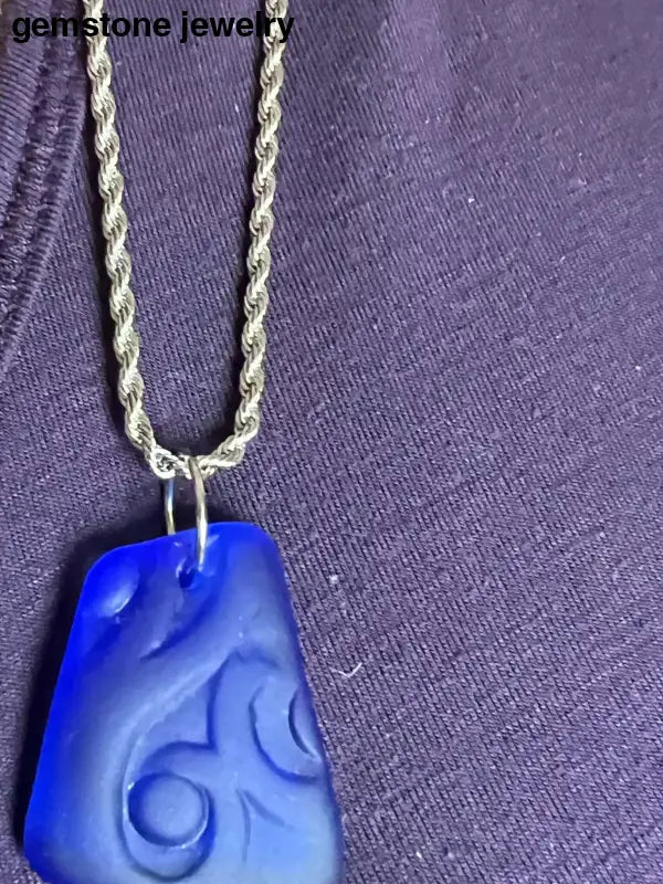 Sea Glass Art, Blue Glass Pendant, Twisted Stainless Steel chain, glass necklace - Bec Sue Jewelry Shop