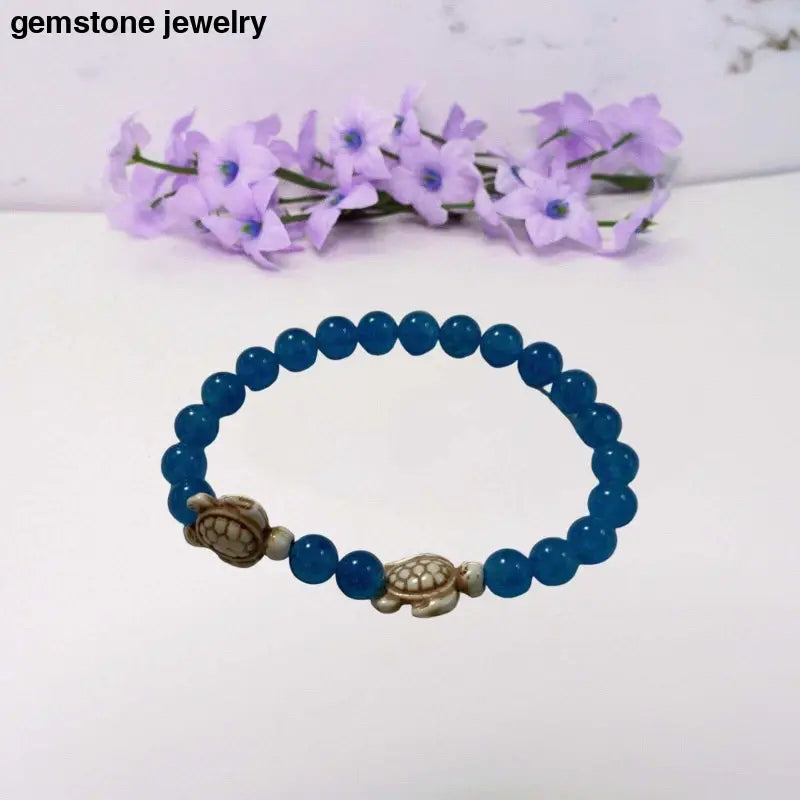 Jade Turtle Bracelet - Cornflower Blue Beaded Magic Stretch Bracelet - 6.5 / blue / corn flower blue jade - bracelet