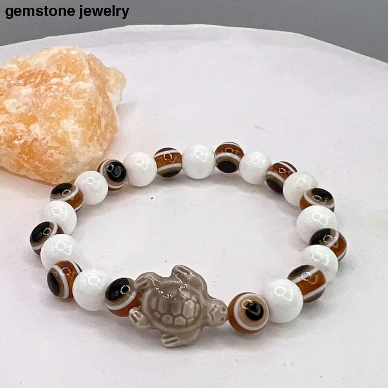 Turtle Bracelet: Handmade 8mm Beads | Turtle Jewelry | Handmade Brown Evil Eye - Bec Sue Jewelry Shop