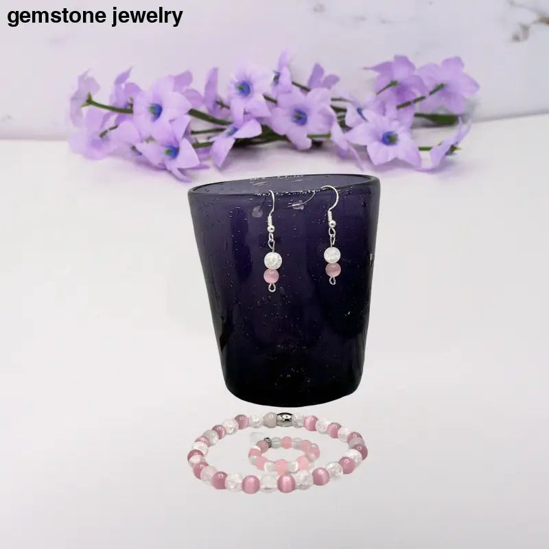 Handcrafted Pink Cat’s Eye & Crackle Rock Crystal Jewelry Set – Bracelet Ring & Earrings - 6.5 / pink and clear