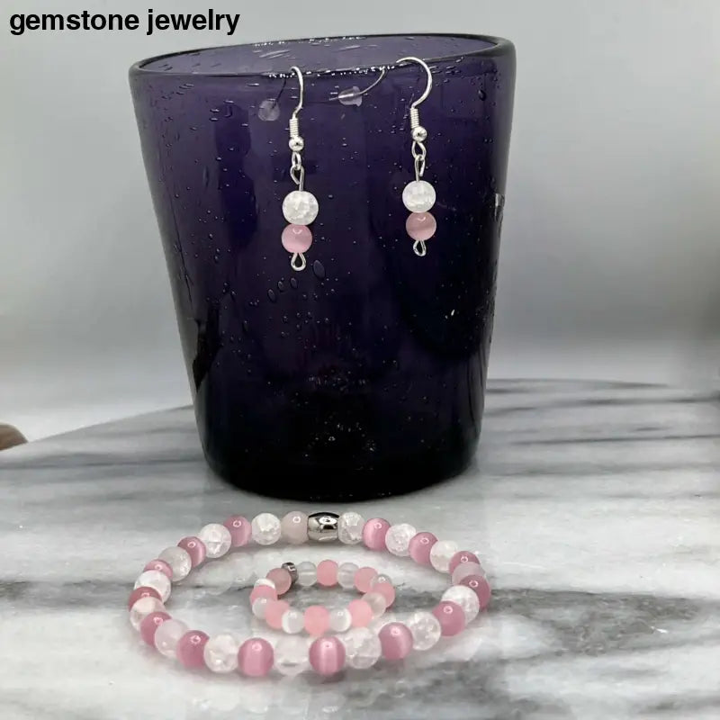 Handcrafted Pink Cat's Eye & Crackle Rock Crystal Jewelry Set - Bracelet, Ring, and Earrings for Elegant Fashion - Bec Sue Jewelry Shop