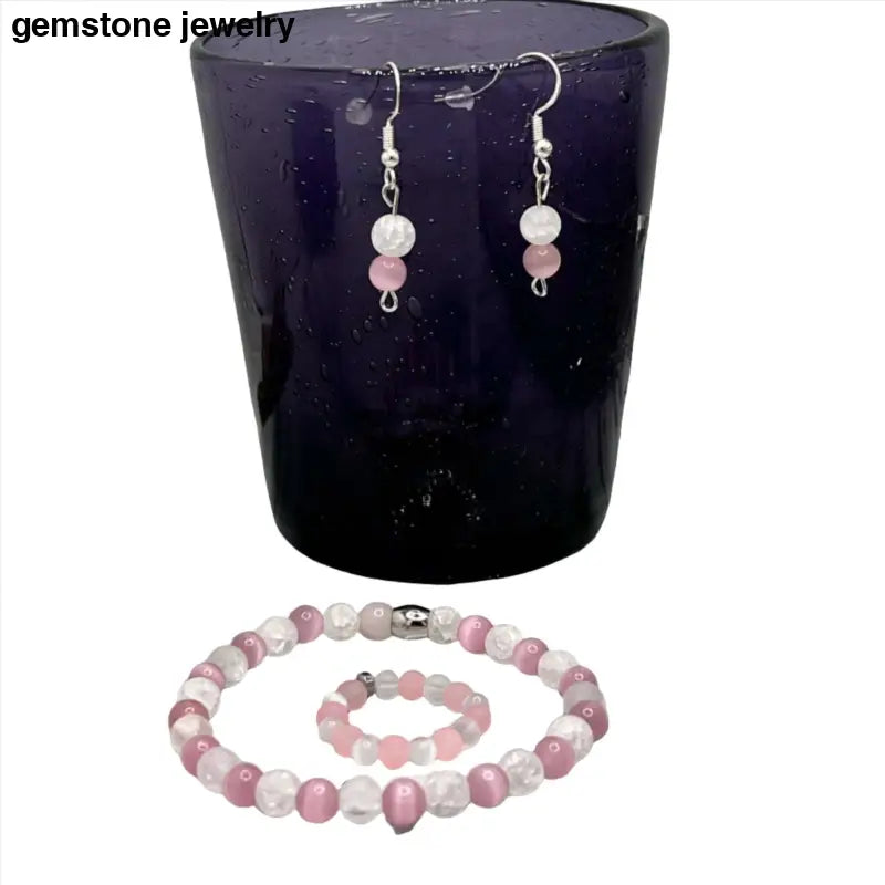 Handcrafted Pink Cat's Eye & Crackle Rock Crystal Jewelry Set - Bracelet, Ring, and Earrings for Elegant Fashion - Bec Sue Jewelry Shop