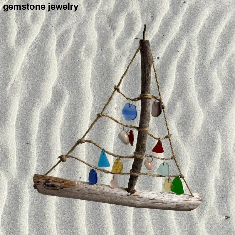 driftwood sea boat, sea glass, genuine shells from beach - Bec Sue Jewelry Shop