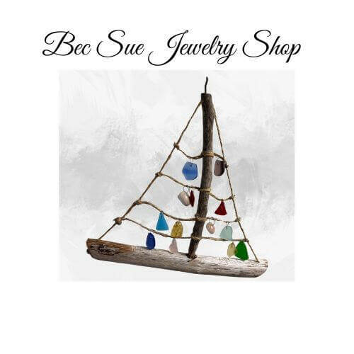 driftwood sea boat, sea glass, genuine shells from beach - Bec Sue Jewelry Shop