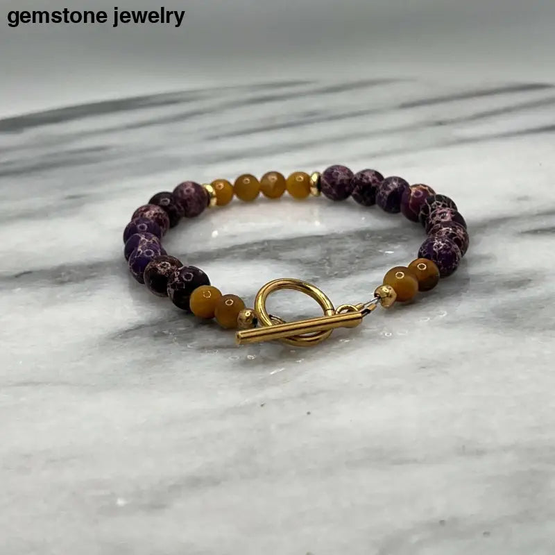 Exquisite Purple Jasper & Gold Tiger Eye Bracelet with Gold Clasp - Bec Sue Jewelry Shop