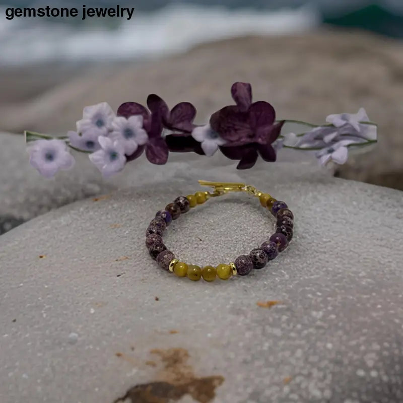 Exquisite Purple Jasper & Gold Tiger Eye Bracelet – Luxurious Gold Clasp - 7.75 / purple and gold / purple jasper