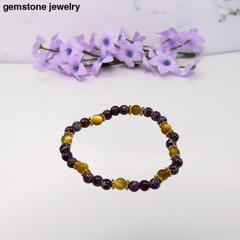 Handmade Purple Jasper & Gold Tiger Eye Bracelet - 6mm Beaded Gemstone Jewelry - 6.5 / Purple / Purple jasper and gold