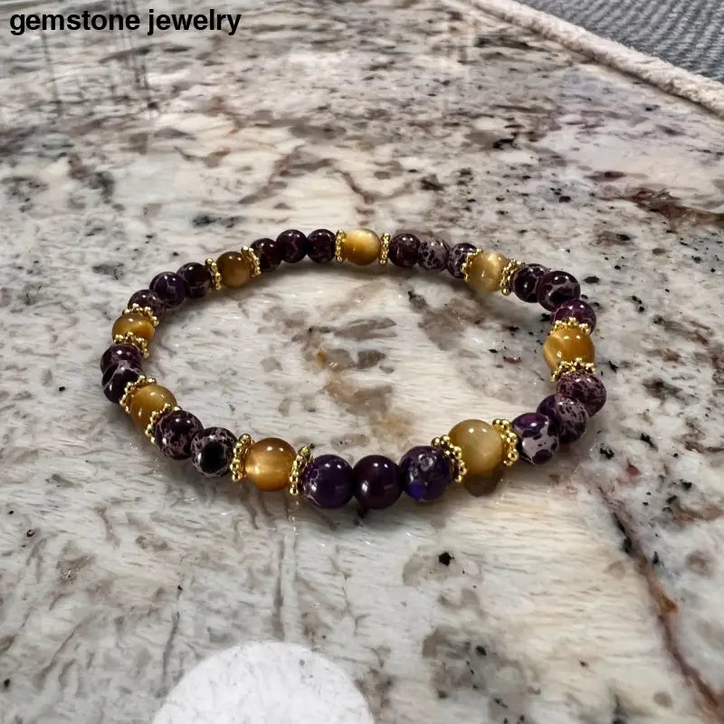 Handmade Purple Jasper & Gold Tiger Eye Bracelet - 6mm Beaded Gemstone Jewelry - Bec Sue Jewelry Shop