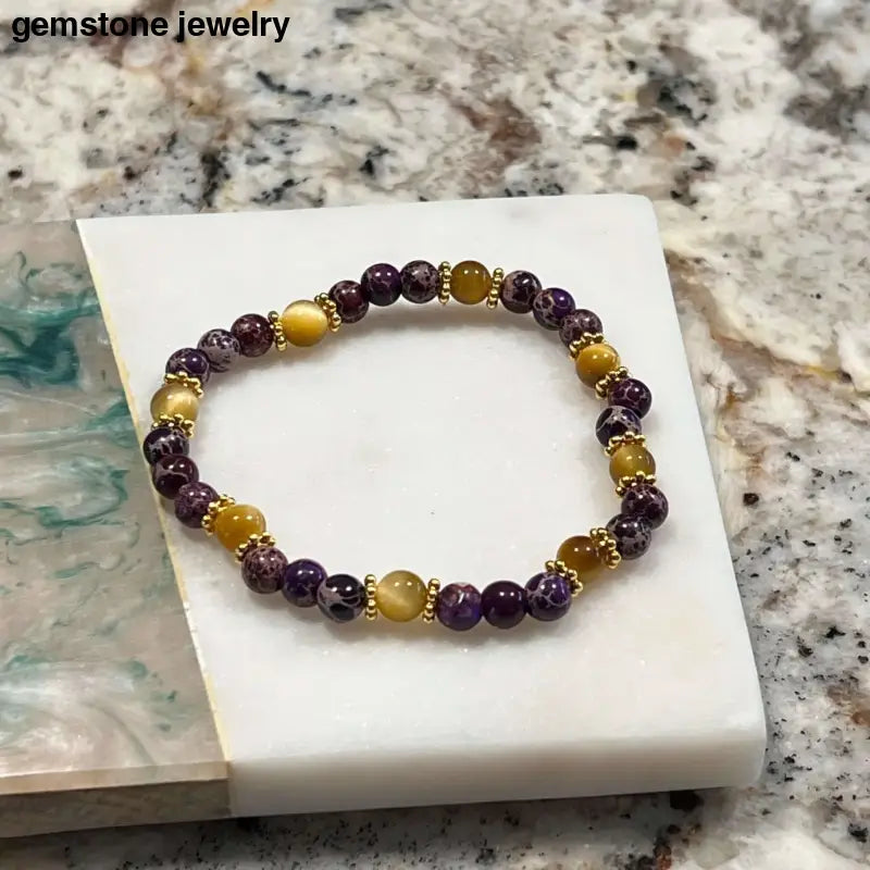 Handmade Purple Jasper & Gold Tiger Eye Bracelet - 6mm Beaded Gemstone Jewelry - Bec Sue Jewelry Shop