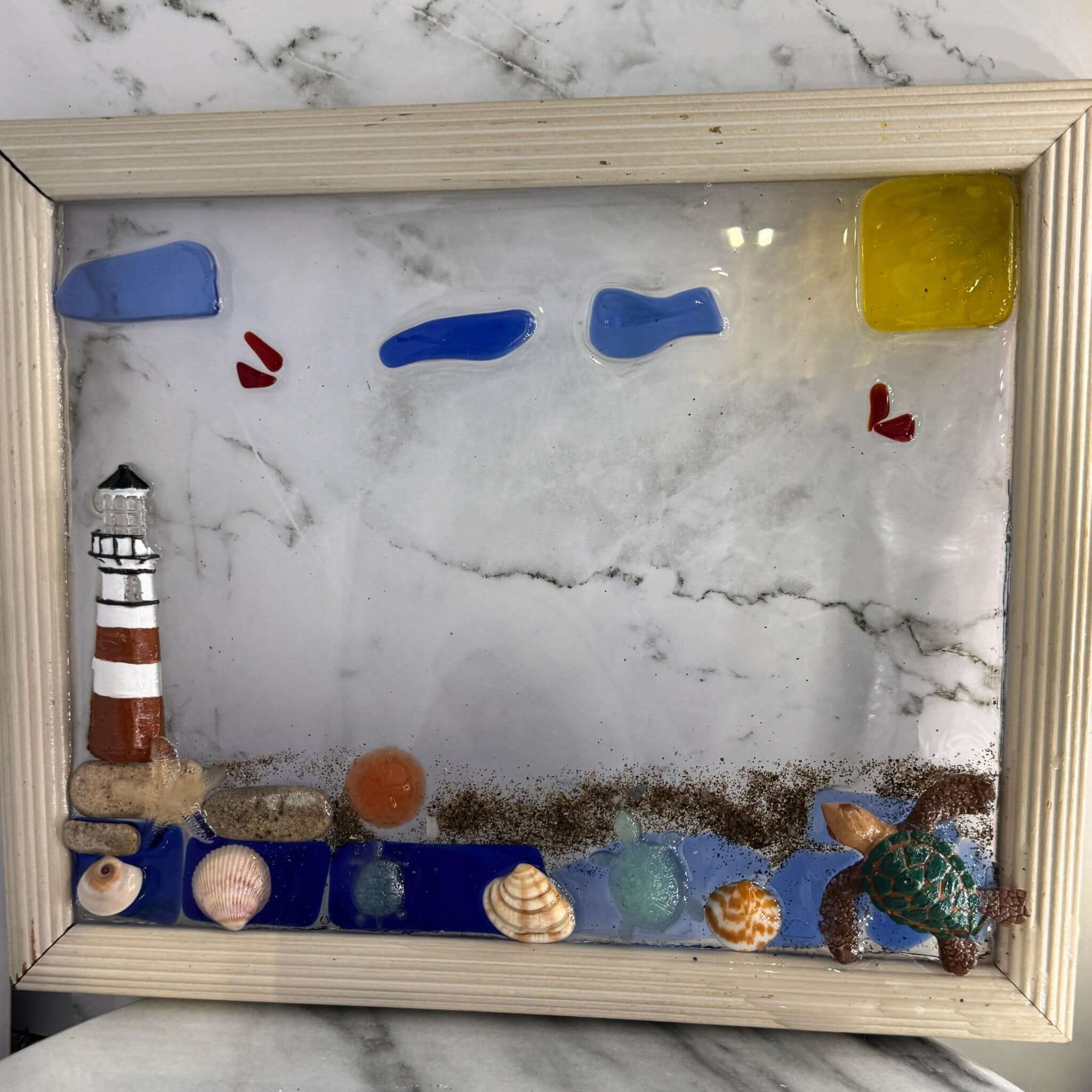 handcrafted lighthouse picture frame with Genuine Beach shells and Florida Sand - Bec Sue Jewelry Shop