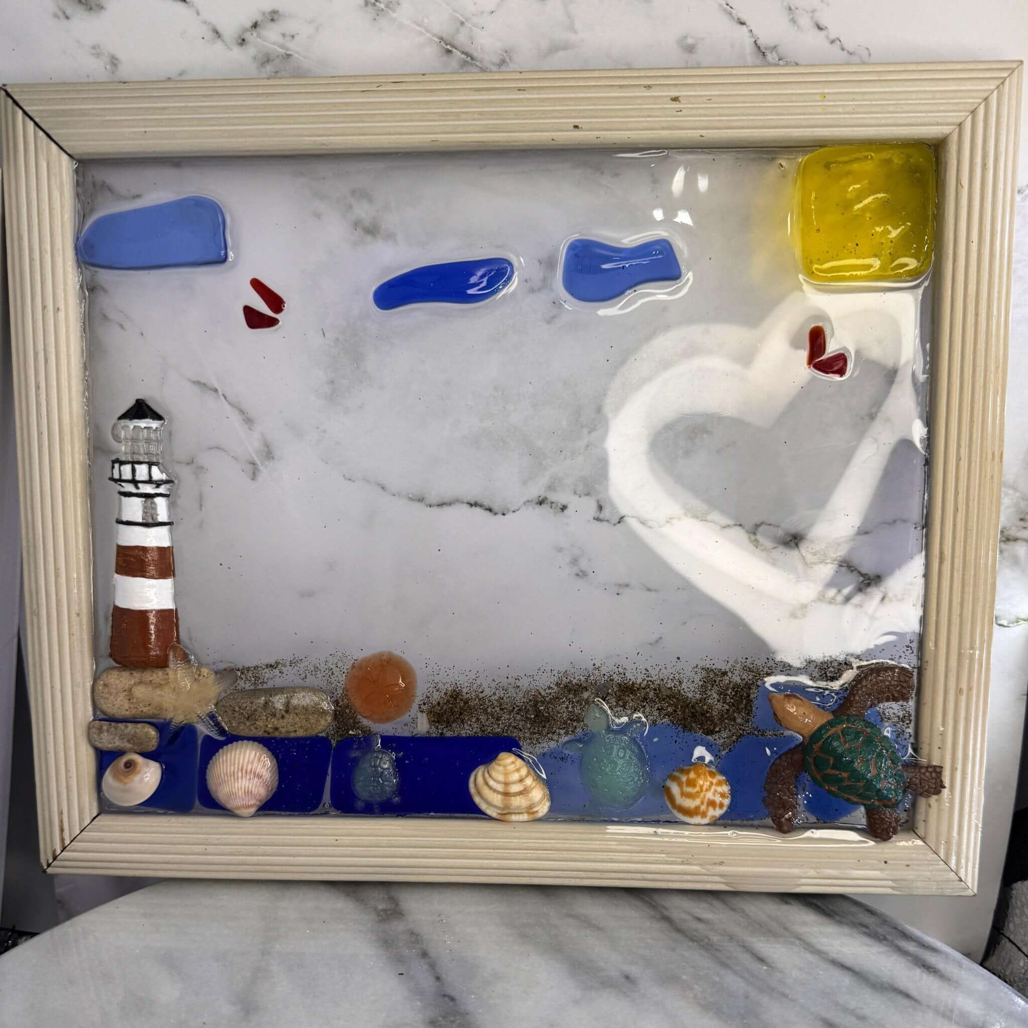 handcrafted lighthouse picture frame with Genuine Beach shells and Florida Sand - Bec Sue Jewelry Shop