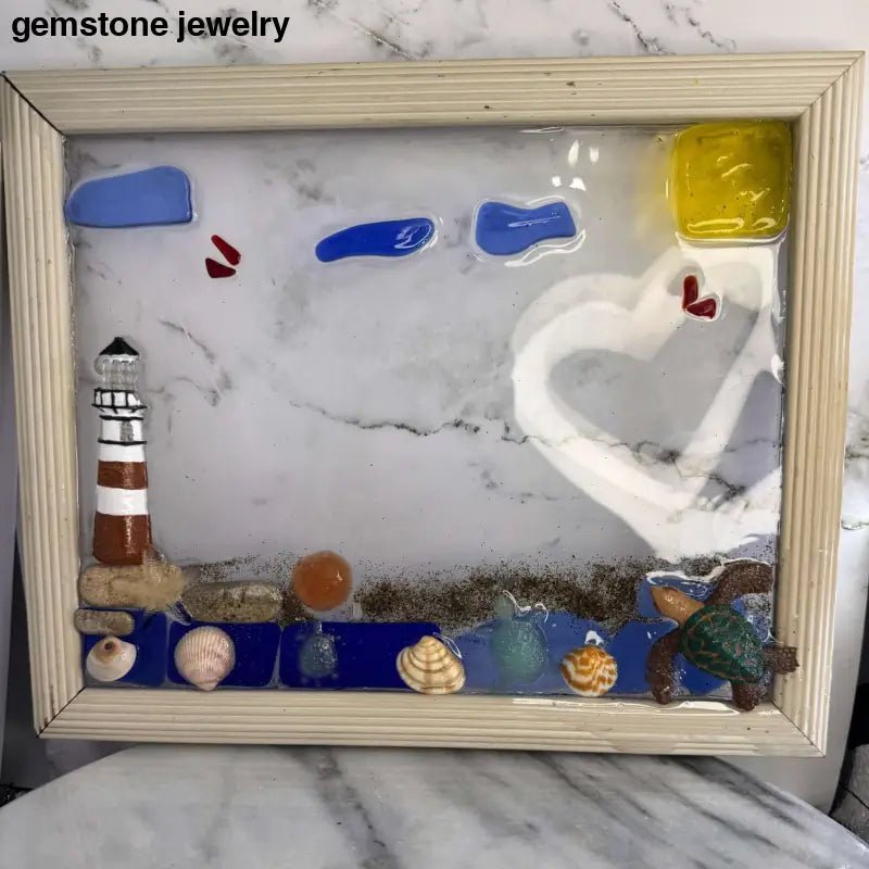 handcrafted lighthouse picture frame with Genuine Beach shells and Florida Sand - Bec Sue Jewelry Shop