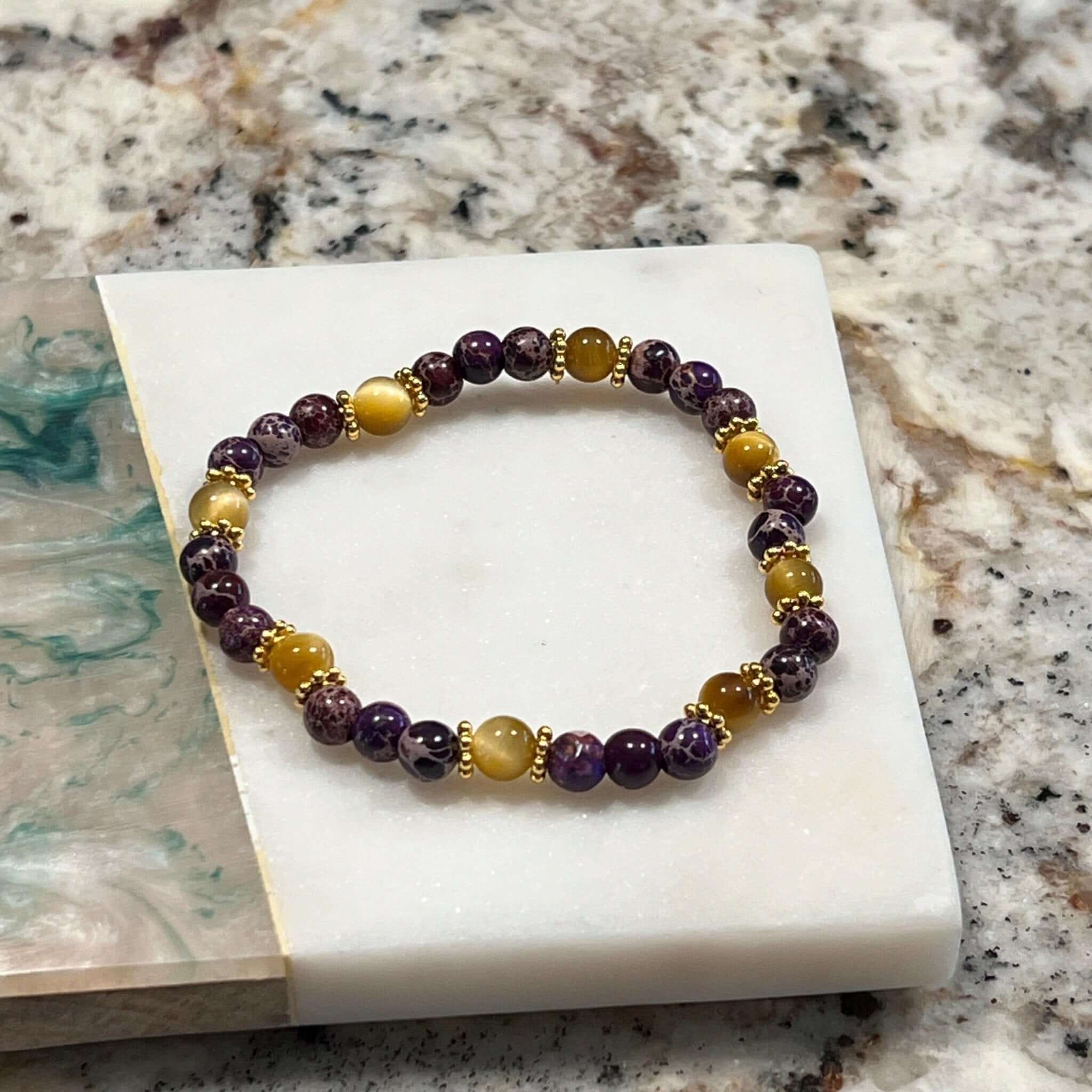 Handmade Purple Jasper & Gold Tiger Eye Bracelet - 6mm Beaded Gemstone Jewelry - Bec Sue Jewelry Shop