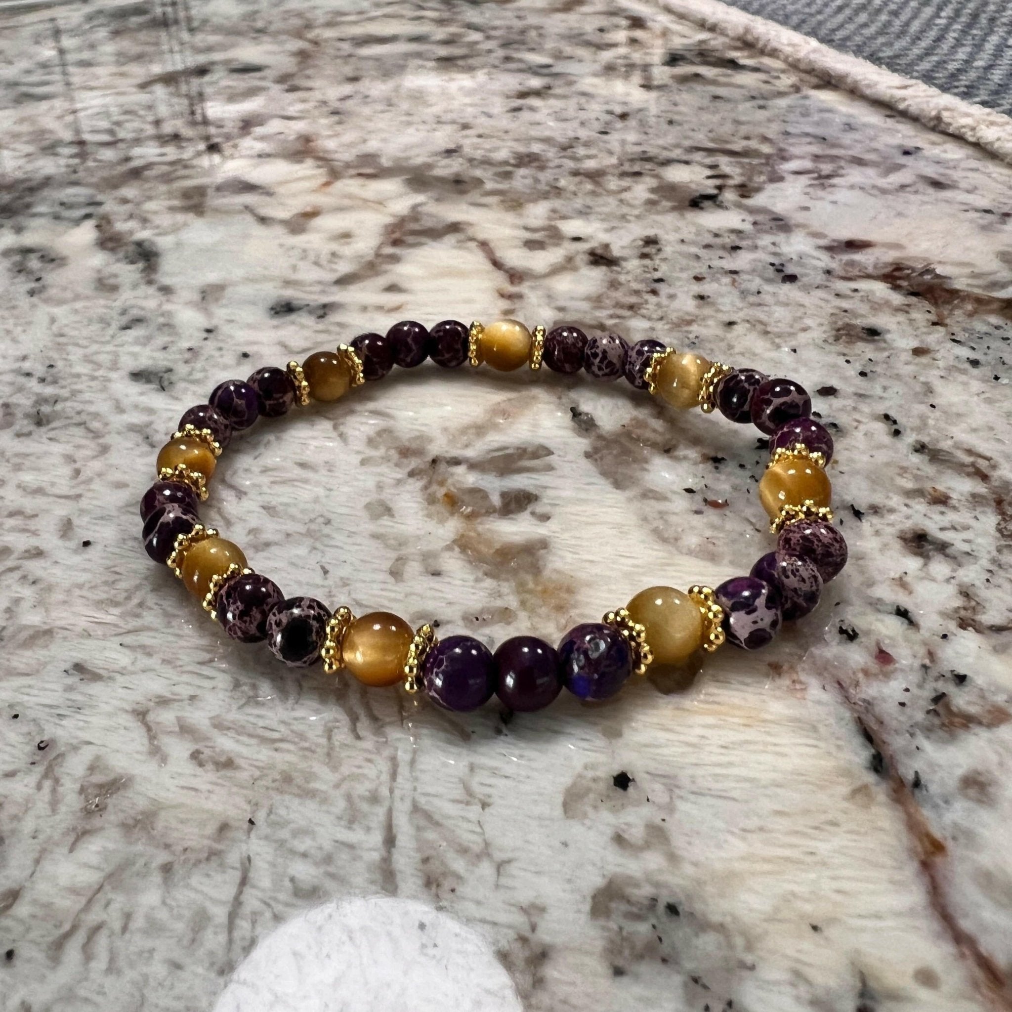 Handmade Purple Jasper & Gold Tiger Eye Bracelet - 6mm Beaded Gemstone Jewelry - Bec Sue Jewelry Shop